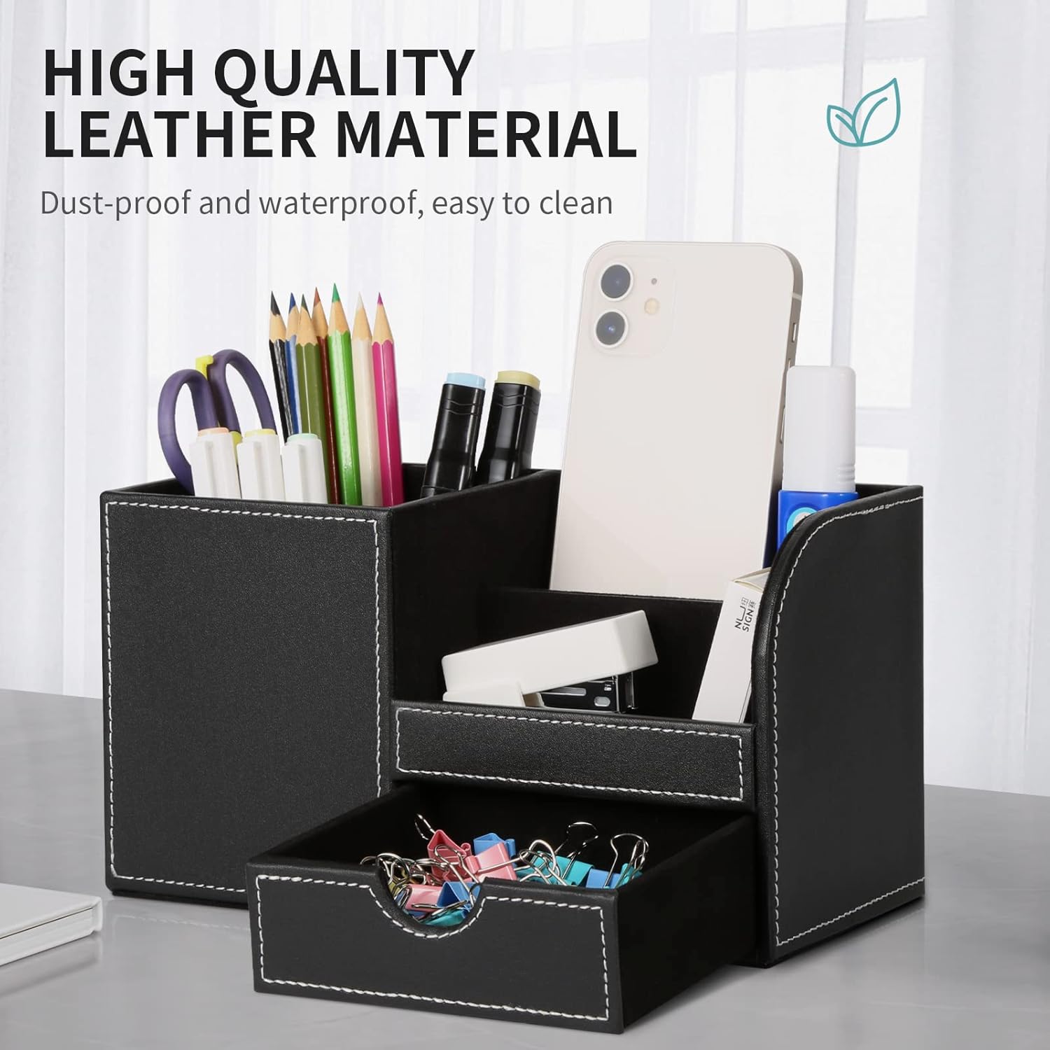 GORESE Organisateur de Bureau, Rangement de Bureau en Cuir Pot à Crayons Porte-Stylo Peu Encombrant, 4 Compartiments de Stylos, Agrafeuses, Dossiers, Notes Autocollantes, Téléphones(Noir 1)