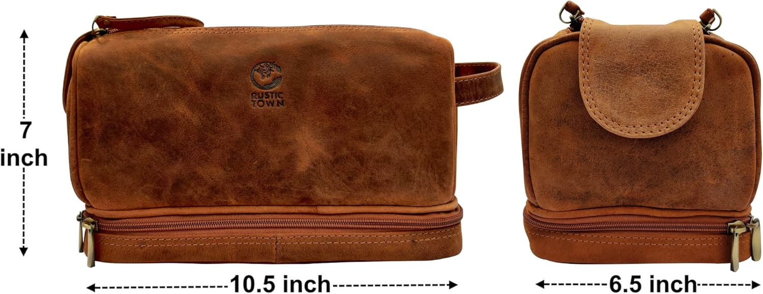 Rustic Town Trousse de Toilette de Voyage en Cuir pour Homme
Trousse de toilette en cuir marron Rustic Town — vue de face

Trousse de toilette homme en cuir — compartiment inférieur zippé

Trousse de voyage en cuir — organisation intérieure

Trousse de toilette Rustic Town — poignée et fermetures YKK

Trousse de toilette — format compact pour valise
