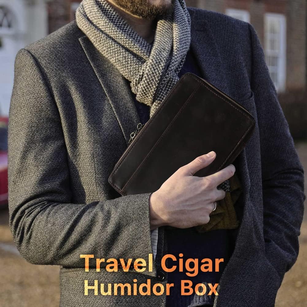 Hiram Cave à cigares en cuir véritable portable multifonction pour homme, 5012-café, For 4 Cigars, Cuir vintage