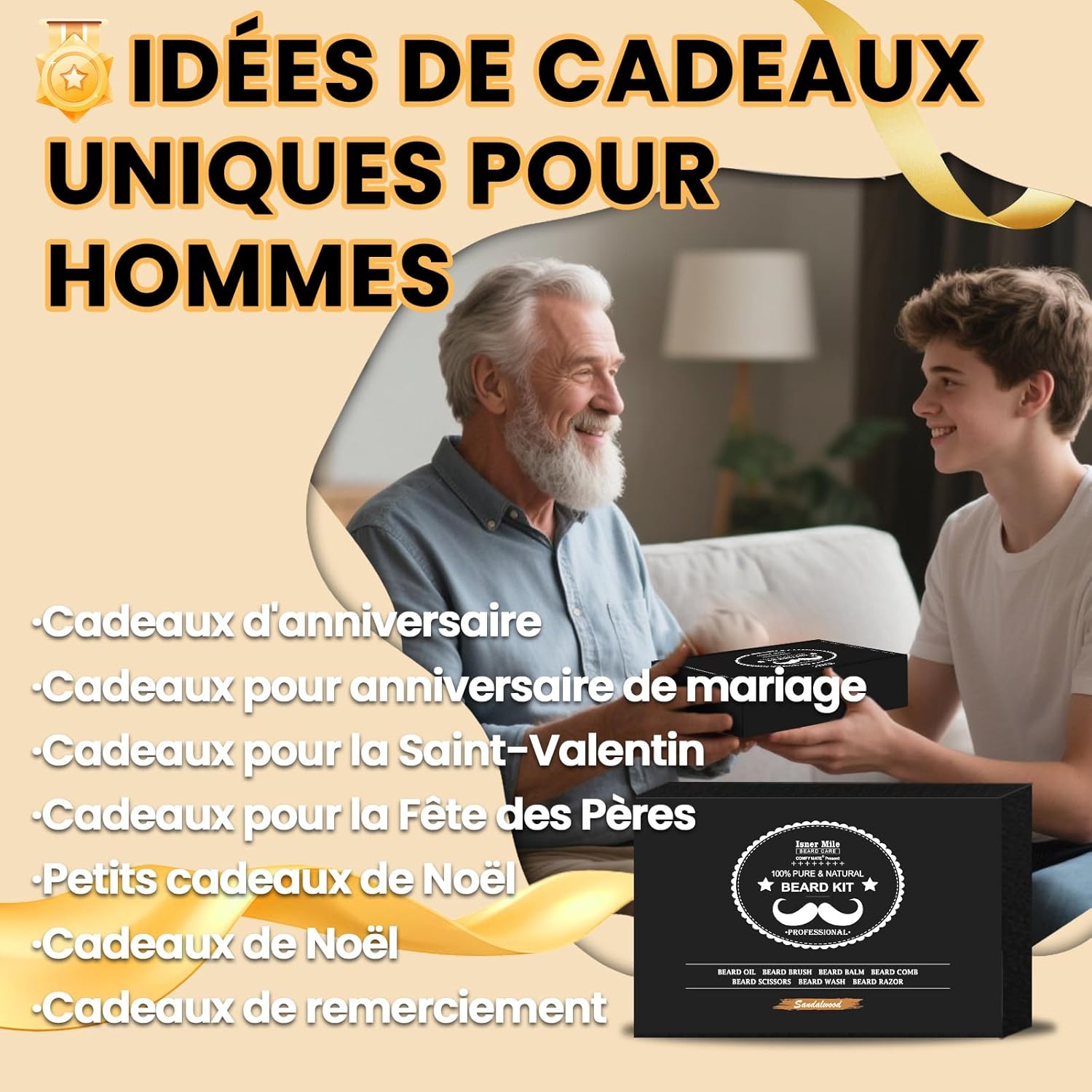 Kit Barbe pour Hommes, Coffrets de Soins pour Cheveux avec Huile à Barbe, Ciseaux pour Moustache et Barbe, Brosse Barbe, Shampooing Barbe, Peigne, Cadeau pour Homme, Coffret Cadeau Homme pour Papa