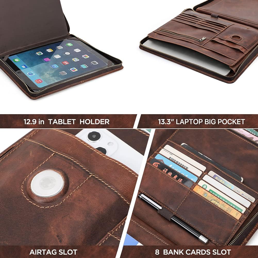 Hiram Porte-documents D'affaires en cuir Portefeuille Padfolios de Travail en Cuir avec Étui à Fermeture Éclair pour iPad12.9" avec Pochette pour Ordinateur Portable 13.3" Droitier