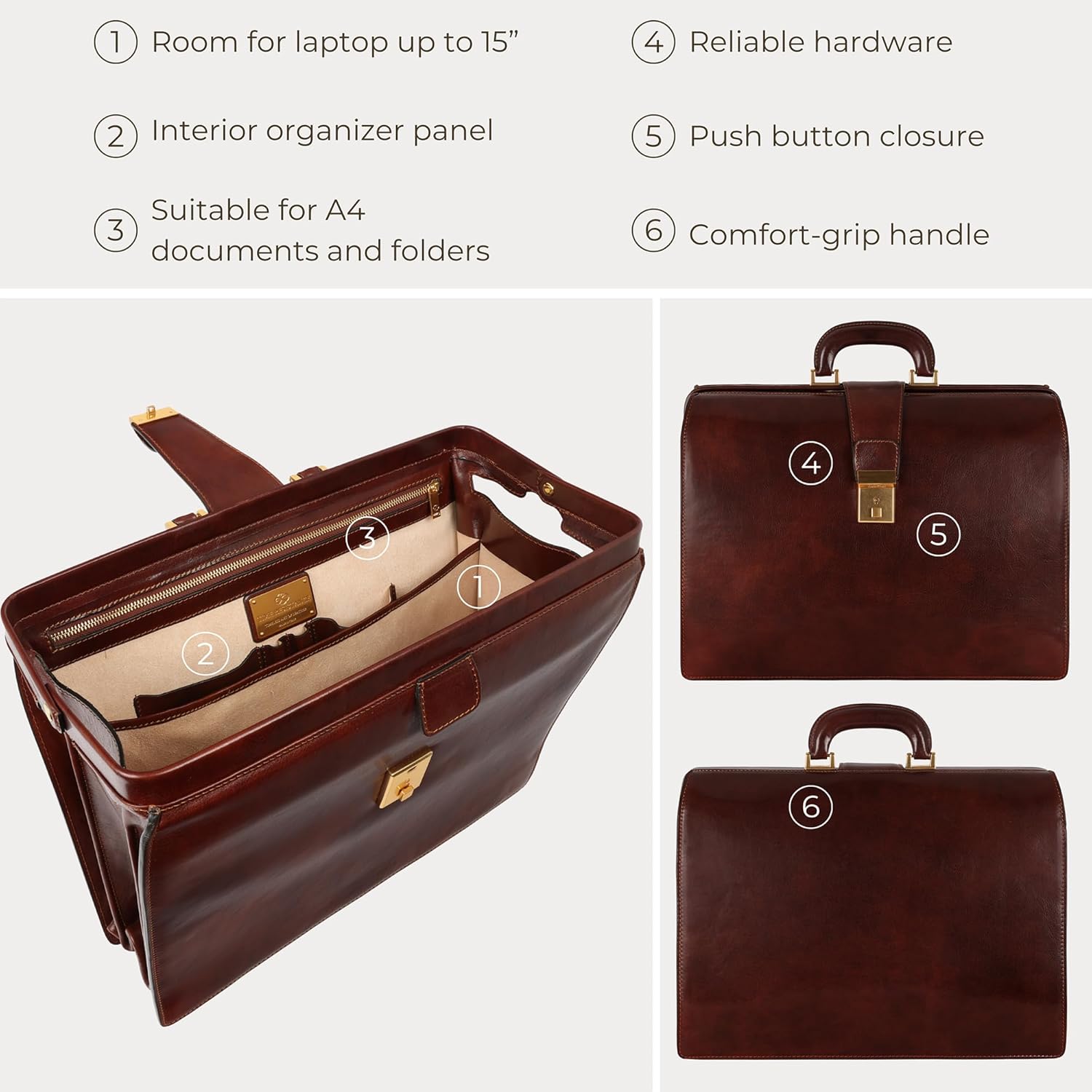 Time Resistance Porte Document Homme en Cuir, Sac Bandoulière en Cuir Pleine Fleur Fabriqué à la Main en Italie pour Ordinateur Portable Cartable Homme