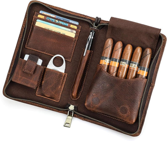Contacts Cave à Cigares Portable de Voyage - Étui en Cuir pour 5 Cigares, Organisateur Multifonctionnel, Marron (Sans Accessoires)