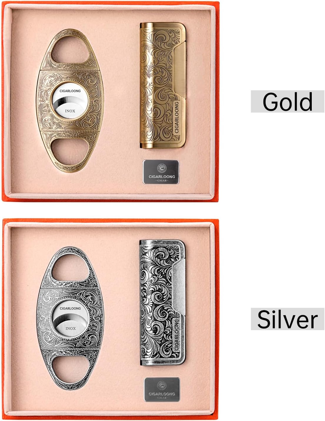 CIGARLOONG Coupe Cigare et Briquet Ensemble Lame Tranchante Guillotine à Cigare Gravée et Briquet Sculpté Rétro (Argent)