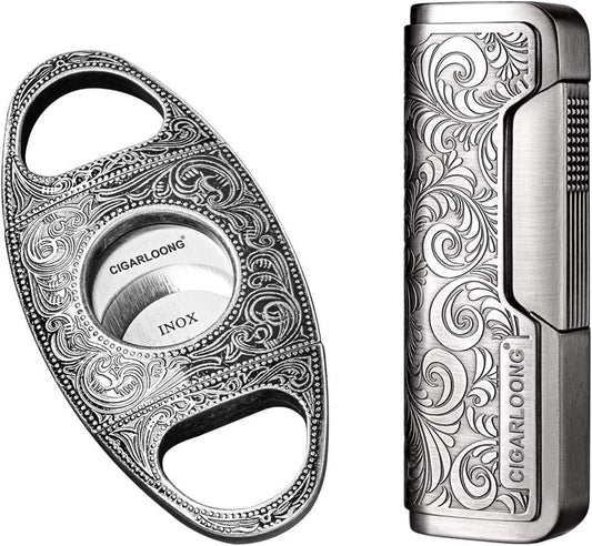 CIGARLOONG Coupe Cigare et Briquet Ensemble Lame Tranchante Guillotine à Cigare Gravée et Briquet Sculpté Rétro (Argent)