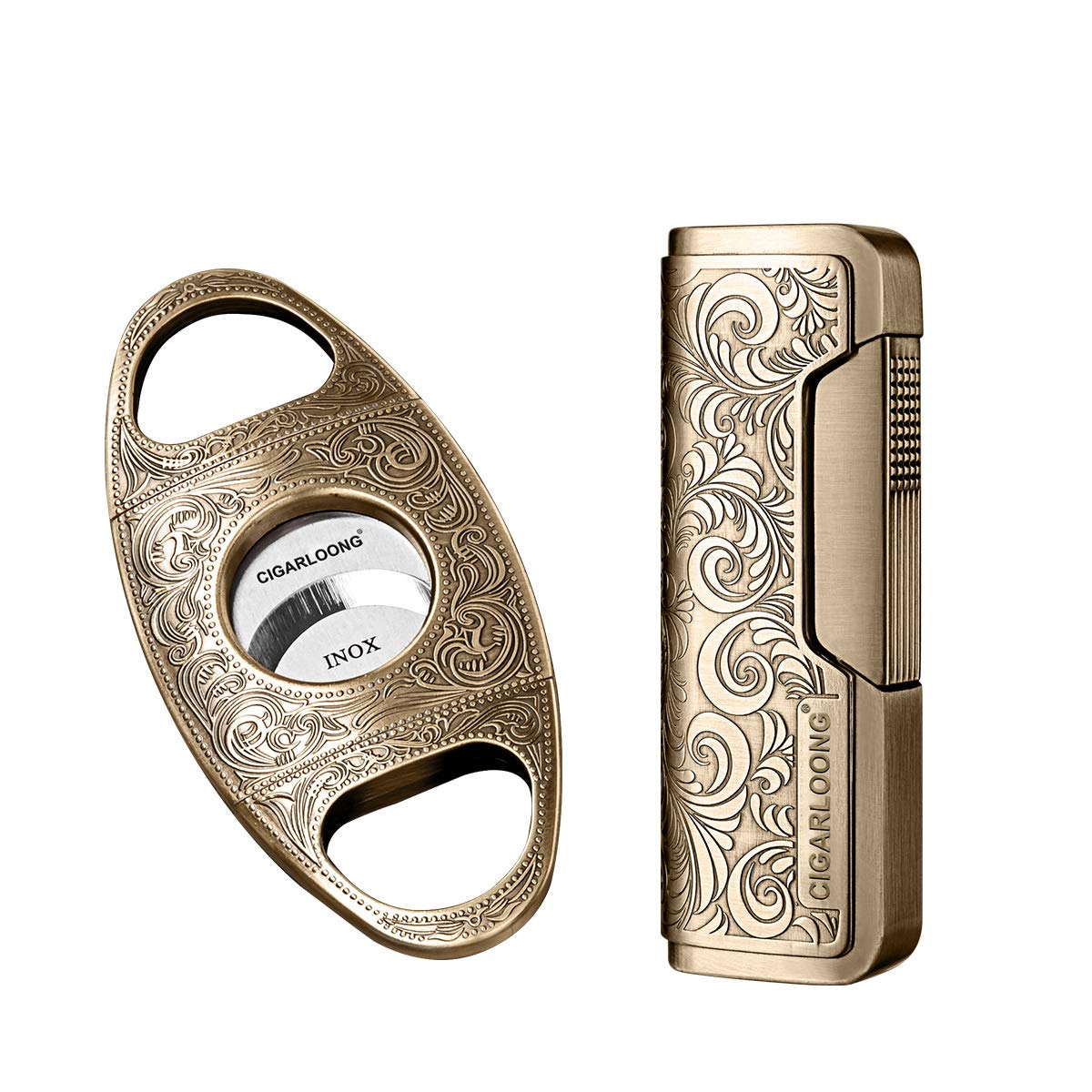 CIGARLOONG Coupe Cigare et Briquet Ensemble Lame Tranchante Guillotine à Cigare Gravée et Briquet Sculpté Rétro (Argent)