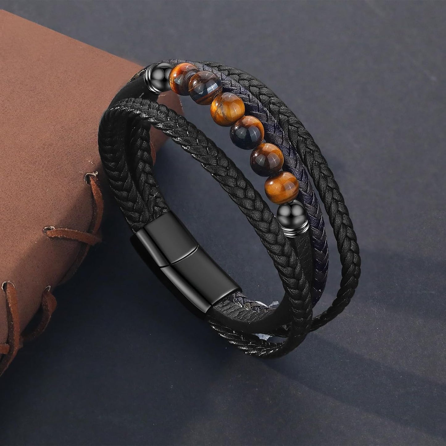 Gkmamrg Bracelet Pierre en cuir noir - Bracelet pour homme - Bijoux Cadeau 22.5cm