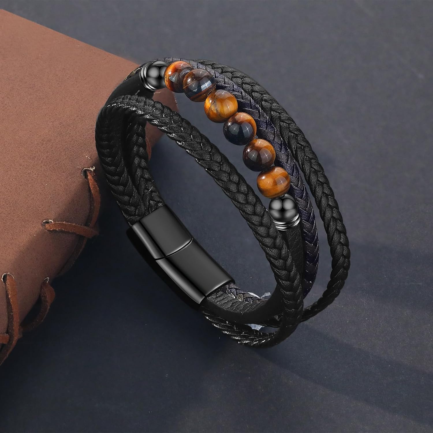 Gkmamrg Bracelet Pierre en cuir noir - Bracelet pour homme - Bijoux Cadeau 22.5cm