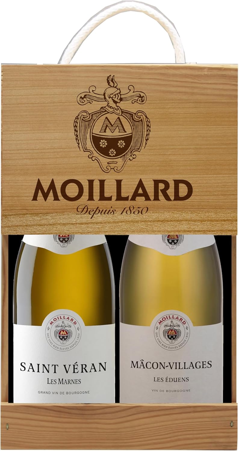 Moillard - Coffret cadeau Saint-Véran, Mâcon-Villages, Chardonnay Vin Blanc, Grand Vins de Bourgogne en caisse bois (2 x 0,75L)