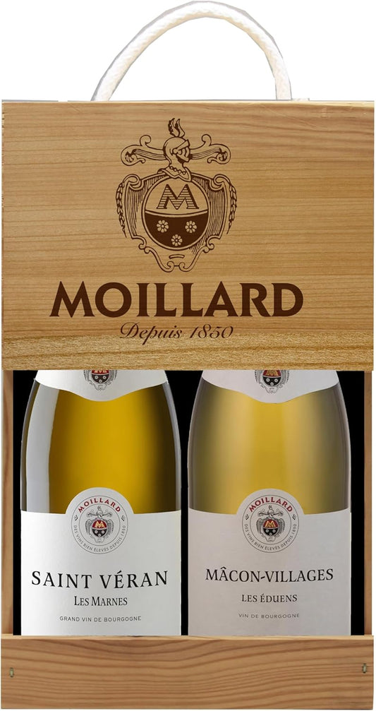 Moillard - Coffret cadeau Saint-Véran, Mâcon-Villages, Chardonnay Vin Blanc, Grand Vins de Bourgogne en caisse bois (2 x 0,75L)