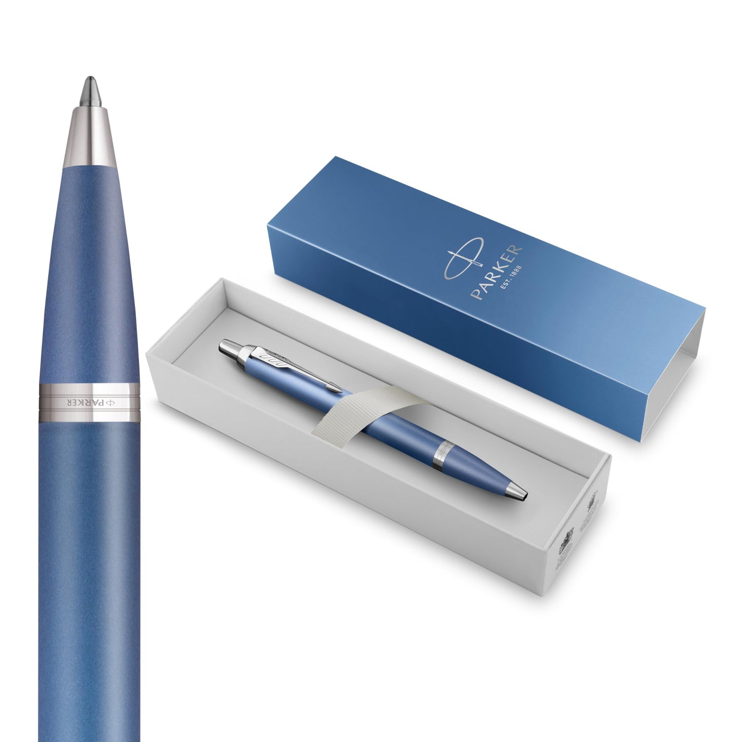 Coffret Parker IM Duo | Stylo Plume, stylo bille et étui à Stylo | Finition acier inoxydable avec garnitures chromées | Pointe moyenne | Recharges d’encre bleue | Le cadeau de fin d’études idéal