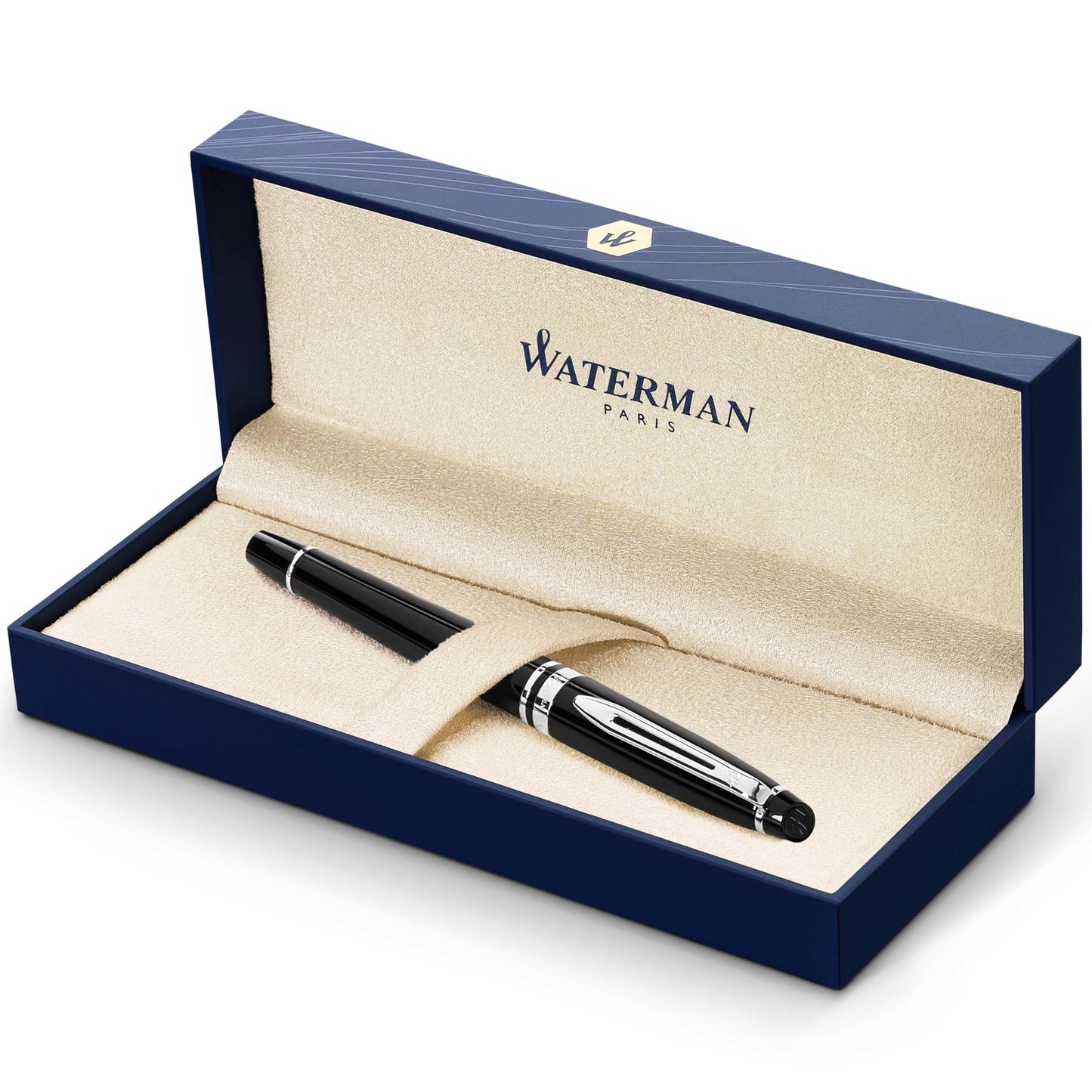 WATERMAN Expert Stylo Plume | Noir Brillant avec attributs dorés à l'or Fin 23 k | Plume Fine | Coffret Cadeau