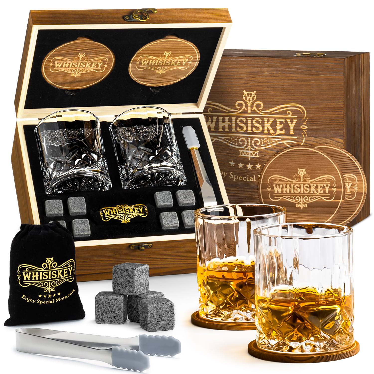 WHISISKEY Set de Verre a Whisky - Coffret Whisky Cadeau Homme - Verre à Whisky & Rhum - 4 Verres à Whisky x 310ML, 8 Pierre a Whisky, 4 sous-Verres, Whiskey Accessories