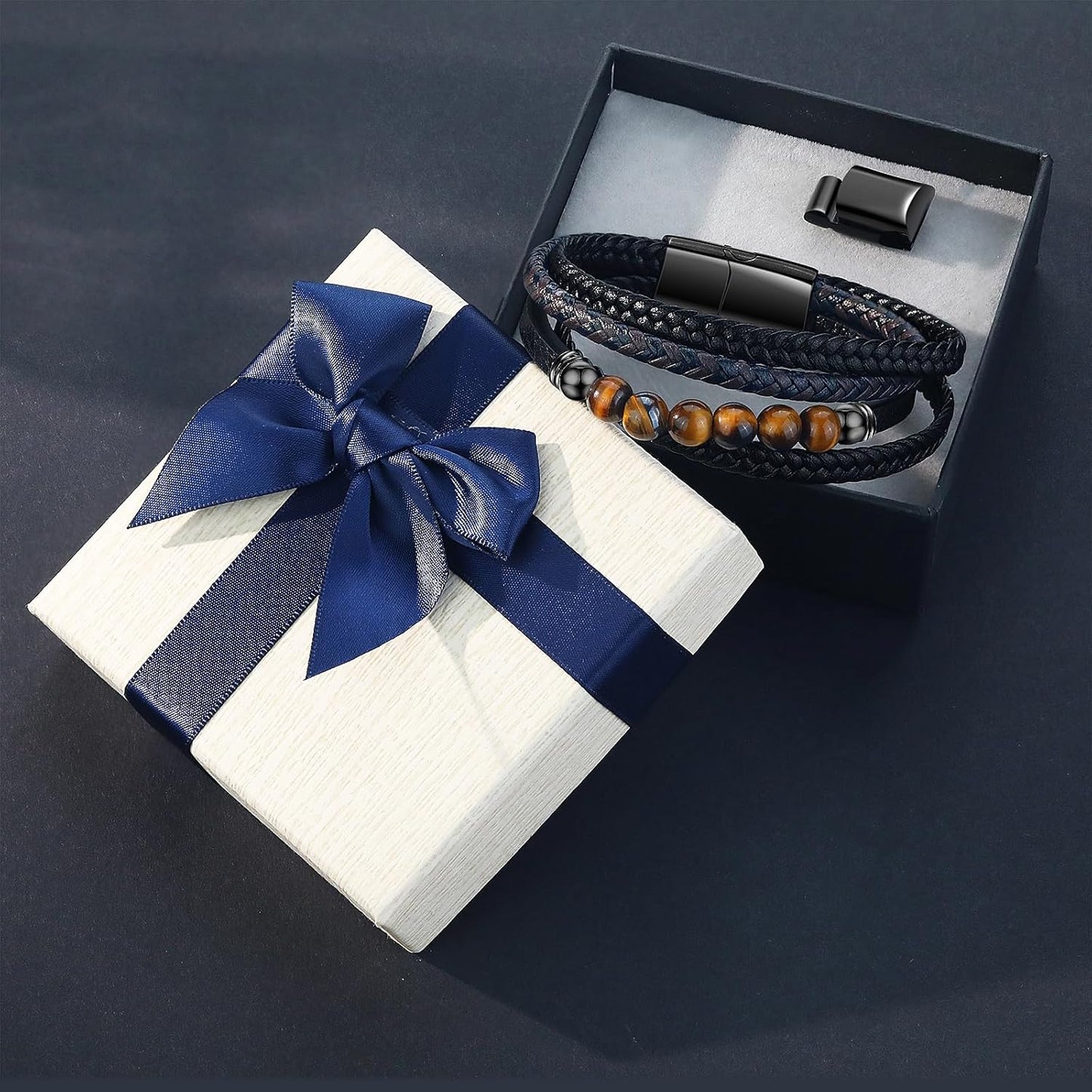 Gkmamrg Bracelet Pierre en cuir noir - Bracelet pour homme - Bijoux Cadeau 22.5cm