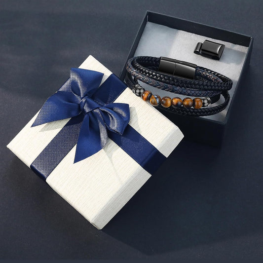 Gkmamrg Bracelet Pierre en cuir noir - Bracelet pour homme - Bijoux Cadeau 22.5cm