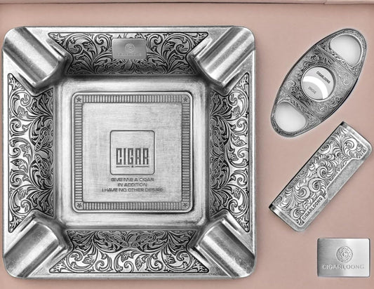 CIGARLOONG coupe-cigares 3 pièces, cendrier sculpté à 4 fentes et briquet rechargeable coupe-vent avec boîte-cadeau, Argent