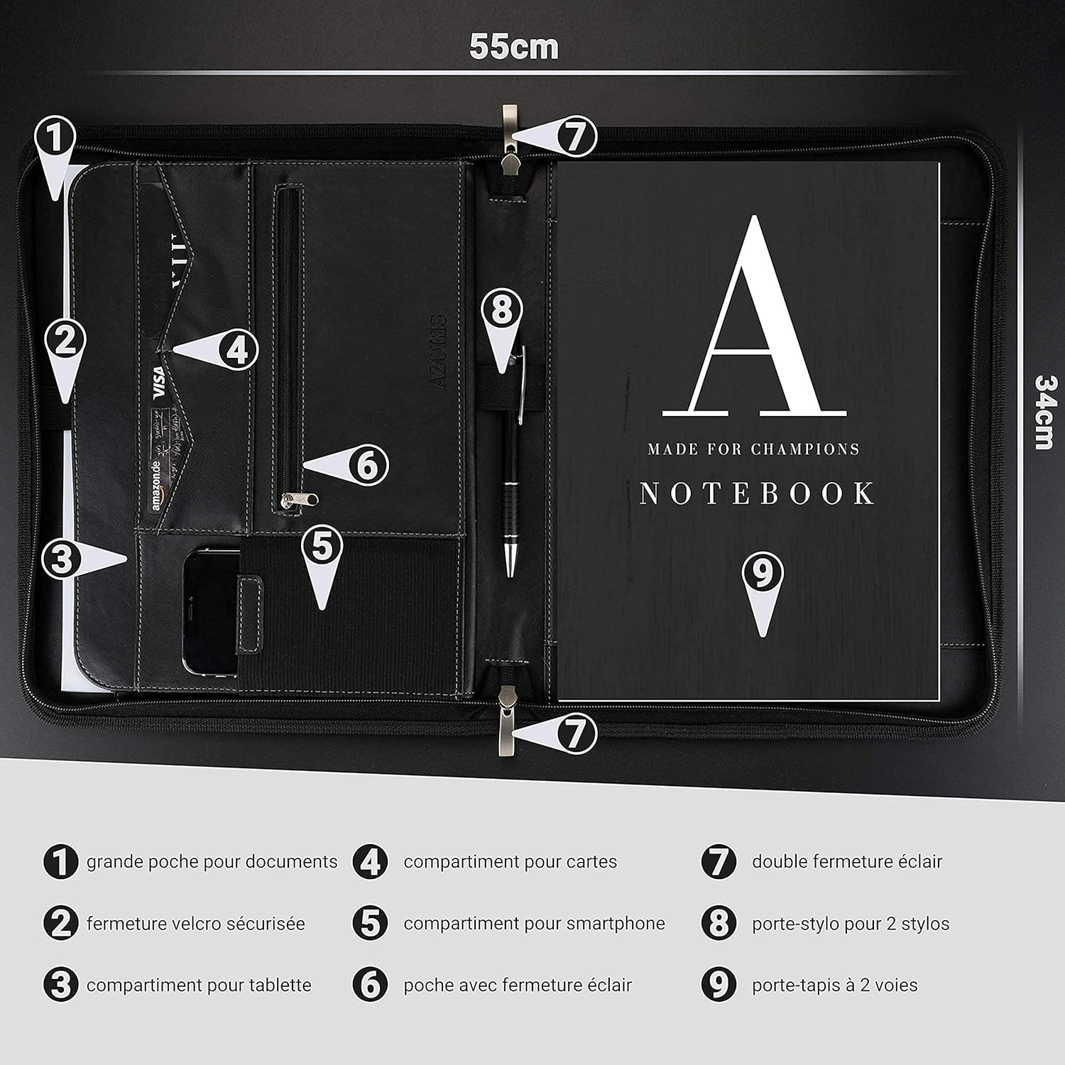 AZORIS PREMIUM® Porte Documents A4 Premium avec double fermeture Éclair et compartiment de 11 pouces pour tablette, Dossier de Conférence IPad professionnelle en cuir PU pour hommes et femmes