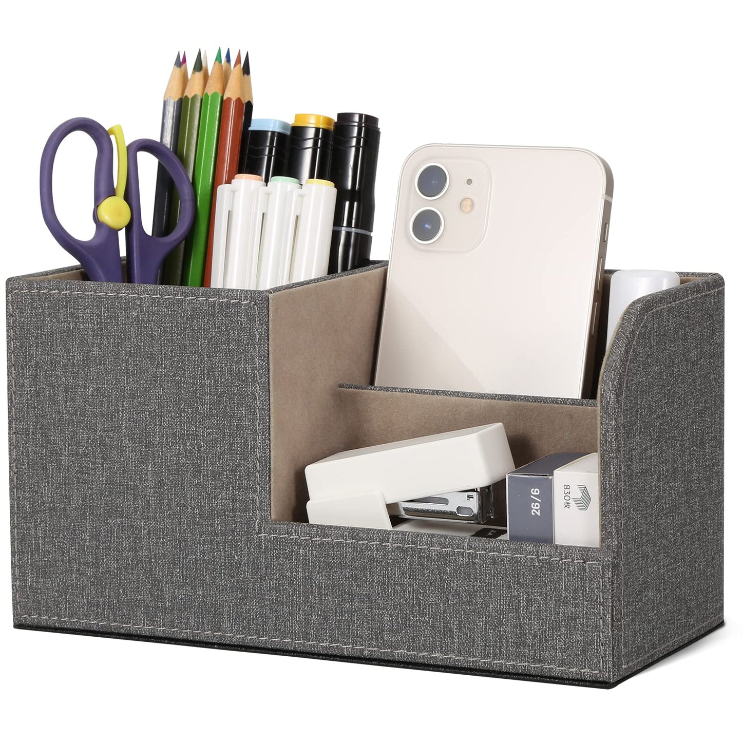 GORESE Organisateur de Bureau, Rangement de Bureau en Cuir Pot à Crayons Porte-Stylo Peu Encombrant, 4 Compartiments de Stylos, Agrafeuses, Dossiers, Notes Autocollantes, Téléphones(Noir 1)