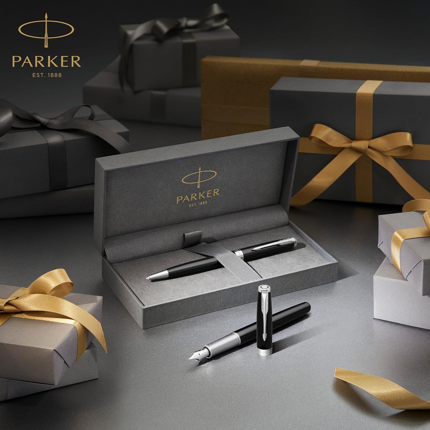 Parker Sonnet stylo bille luxe | laque noir mat avec attributs palladium | pointe moyenne | encre noir | coffret cadeau