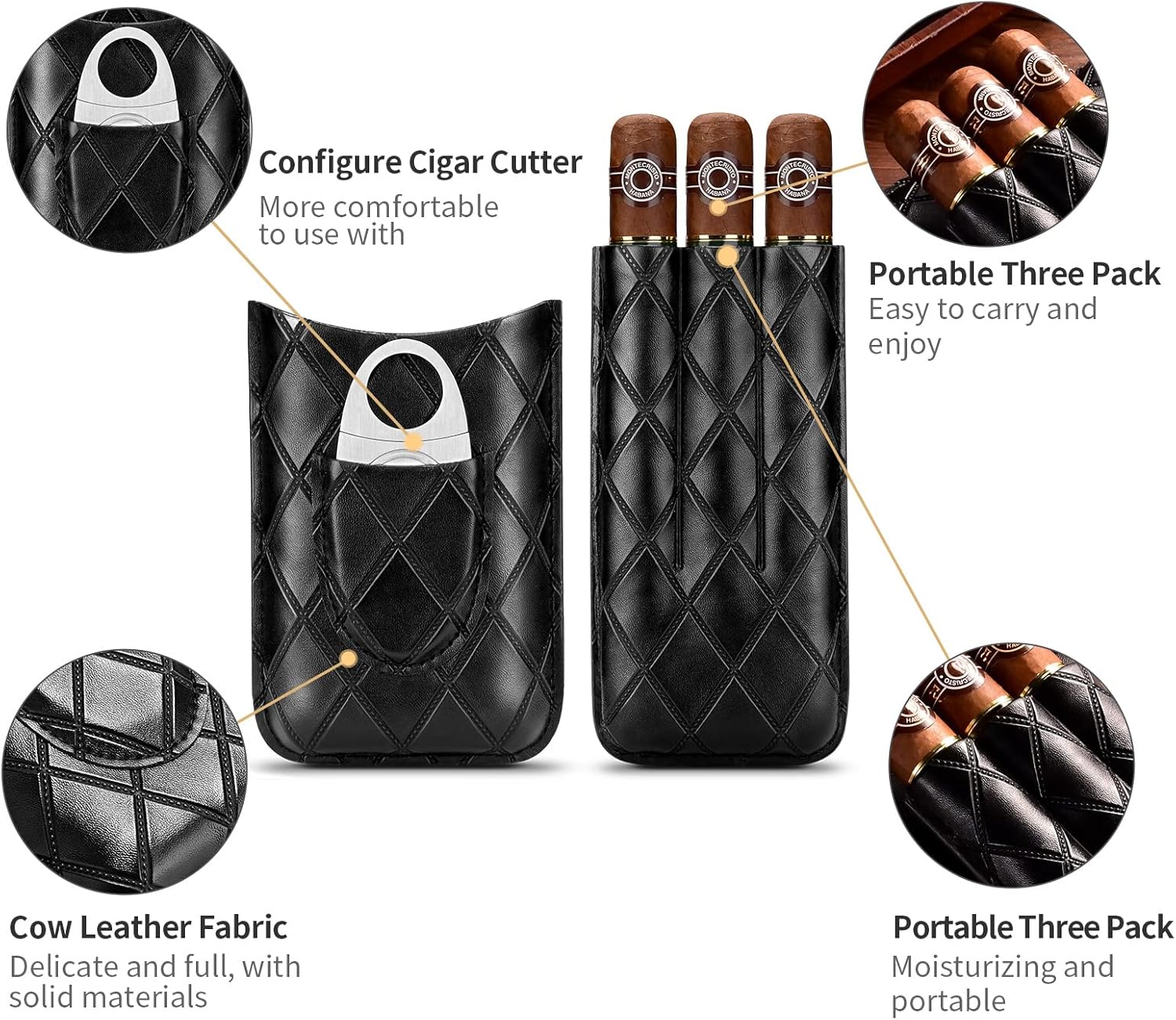 Étui à cigares en Cuir, 3 Tubes de Voyage Portable Cave avec Coupe en Acier Inoxydable(Marron)