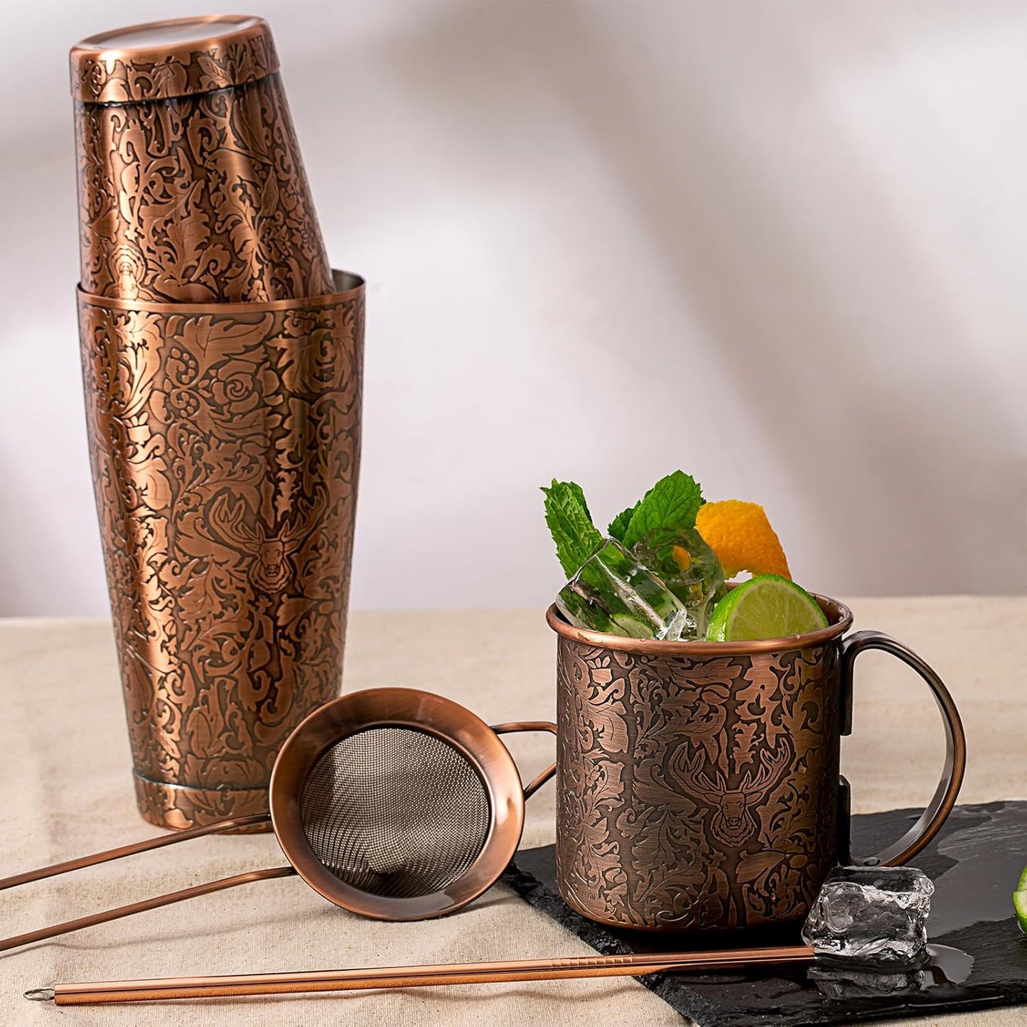 Sky Fish® Shaker à Cocktail Boston, Kit Cocktail Professionnel, Ensemble de 18 Pièces pour Barman avec Motifs de Gravure 3D, Entretien Facile à la Main, Cuivre Antique