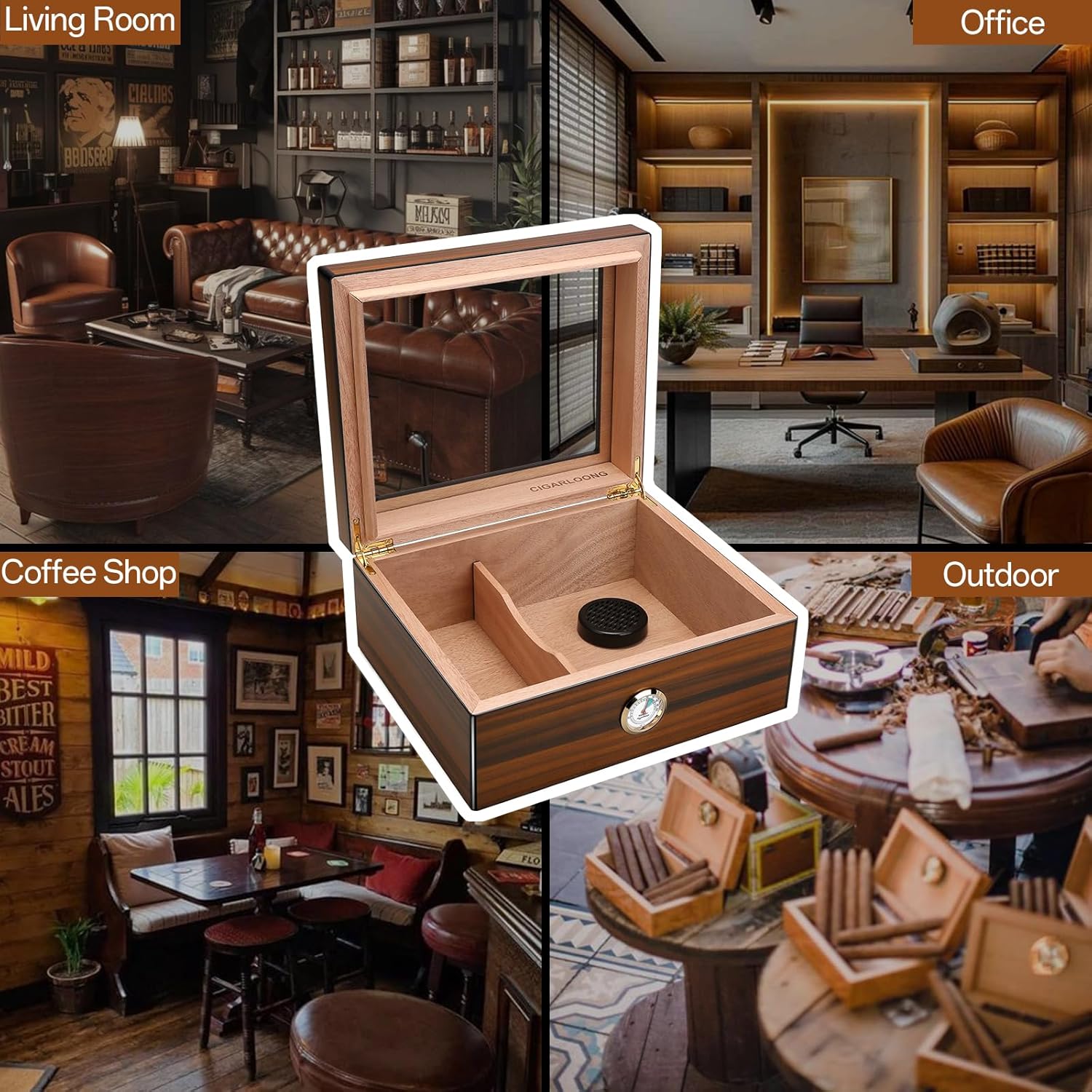 CIGARLOONG Humidor 45-56 en Verre Artisanal boîte de Rangement de Bureau en Bois de cèdre avec diviseur, humidificateur et hygromètre, Brun (Medium)