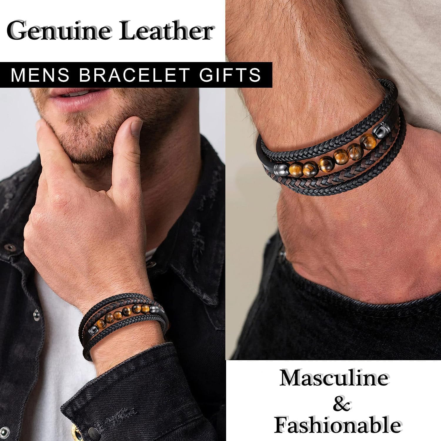 Gkmamrg Bracelet Pierre en cuir noir - Bracelet pour homme - Bijoux Cadeau 22.5cm