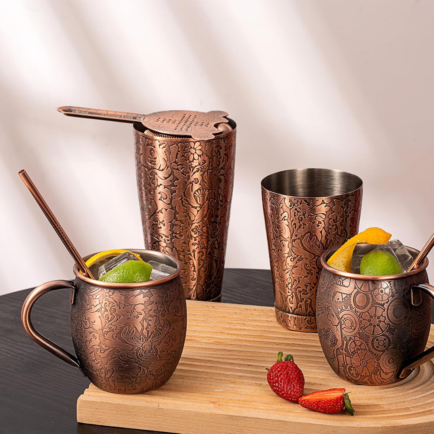 Sky Fish® Shaker à Cocktail Boston, Kit Cocktail Professionnel, Ensemble de 18 Pièces pour Barman avec Motifs de Gravure 3D, Entretien Facile à la Main, Cuivre Antique