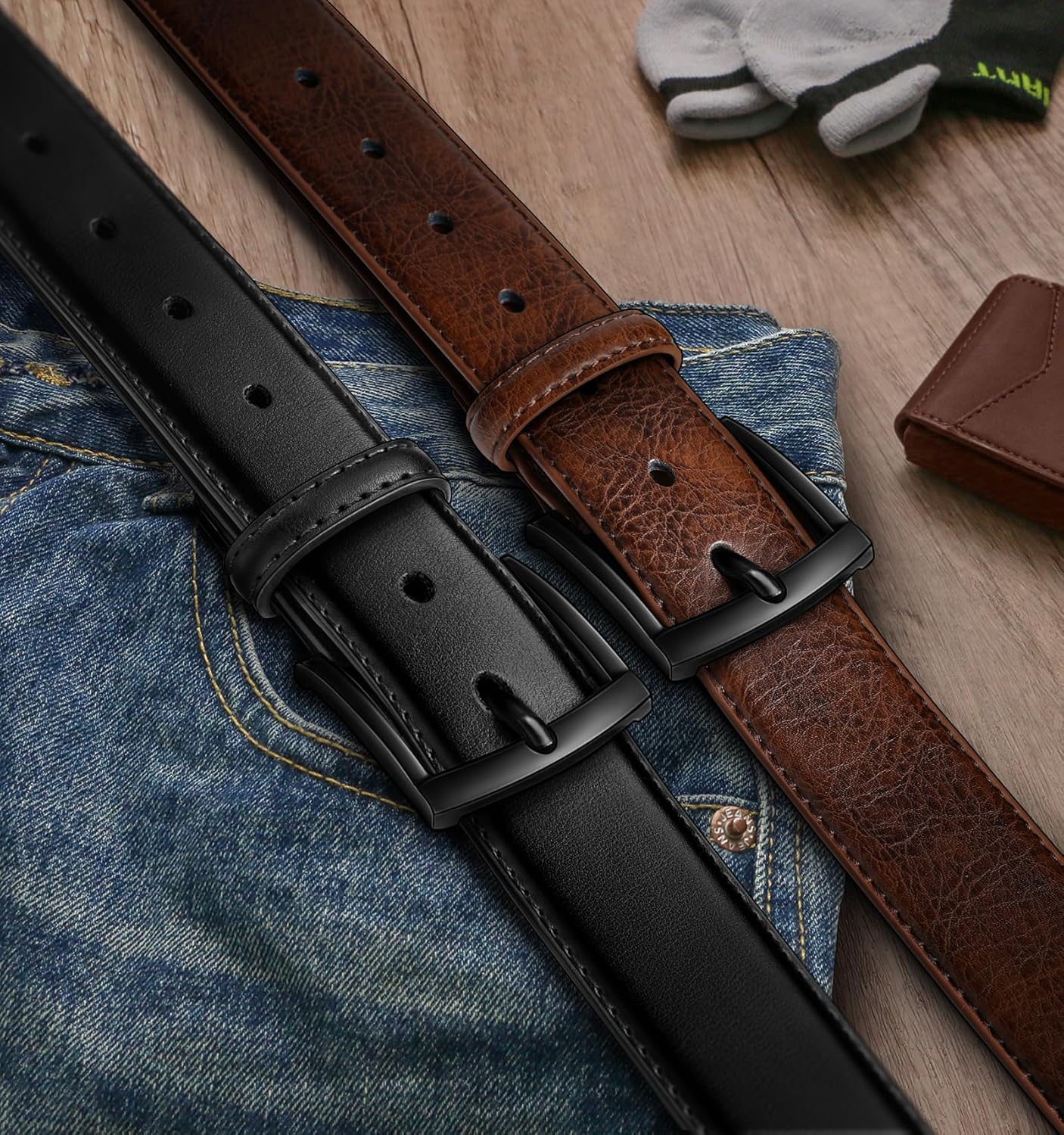 BULLIANT Ceinture Hommes 2 Pack Ceinture Cuir avec 7 Trous,Confortable pour Costumes,Habillés et Jeans,Largeur de 35mm