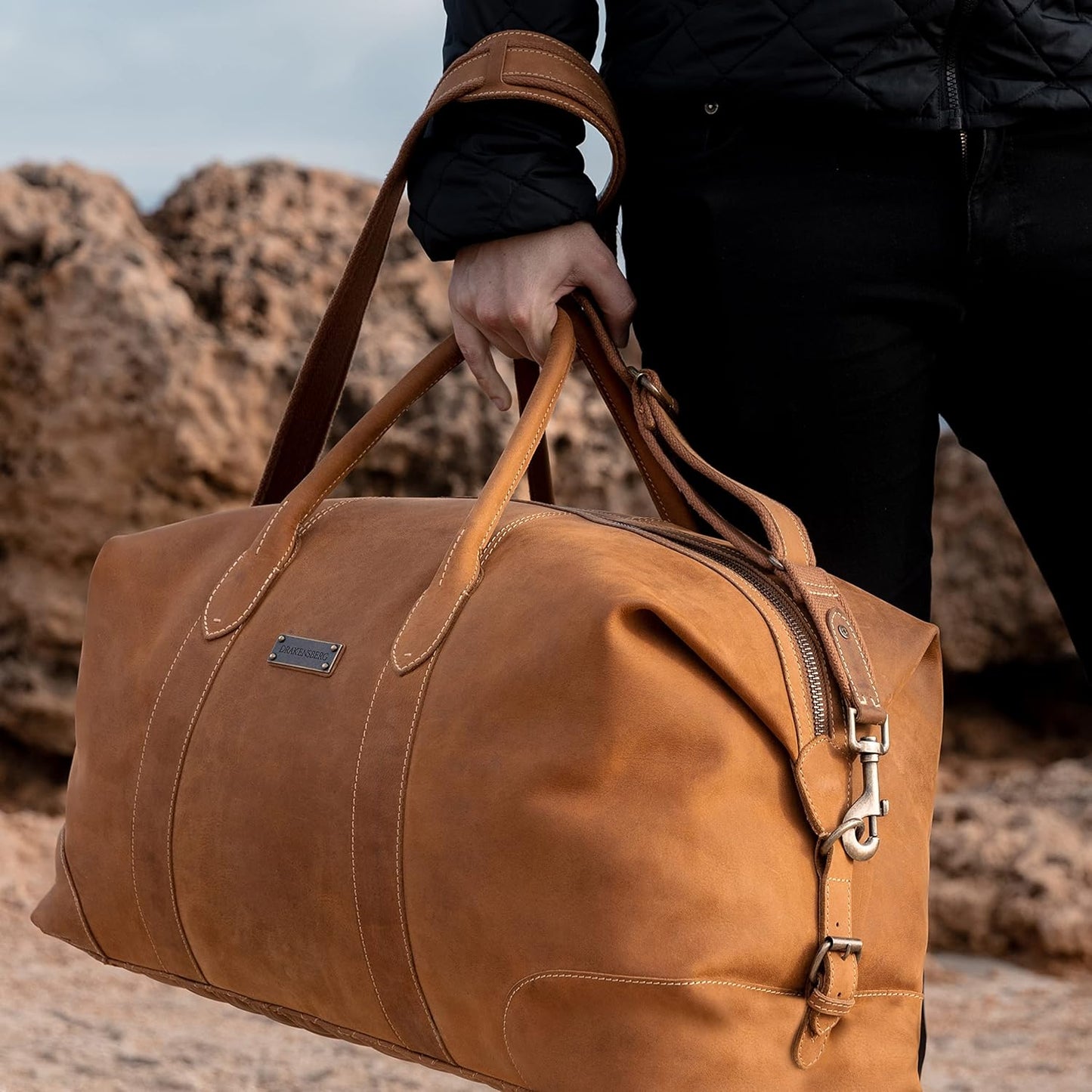 DRAKENSBERG Sac De Voyage Cuir 'David' - Grand Sac Weekend Homme, Fait Main, Extensible, Design Safari Vintage, 60L - Marron-Cognac, DR00326