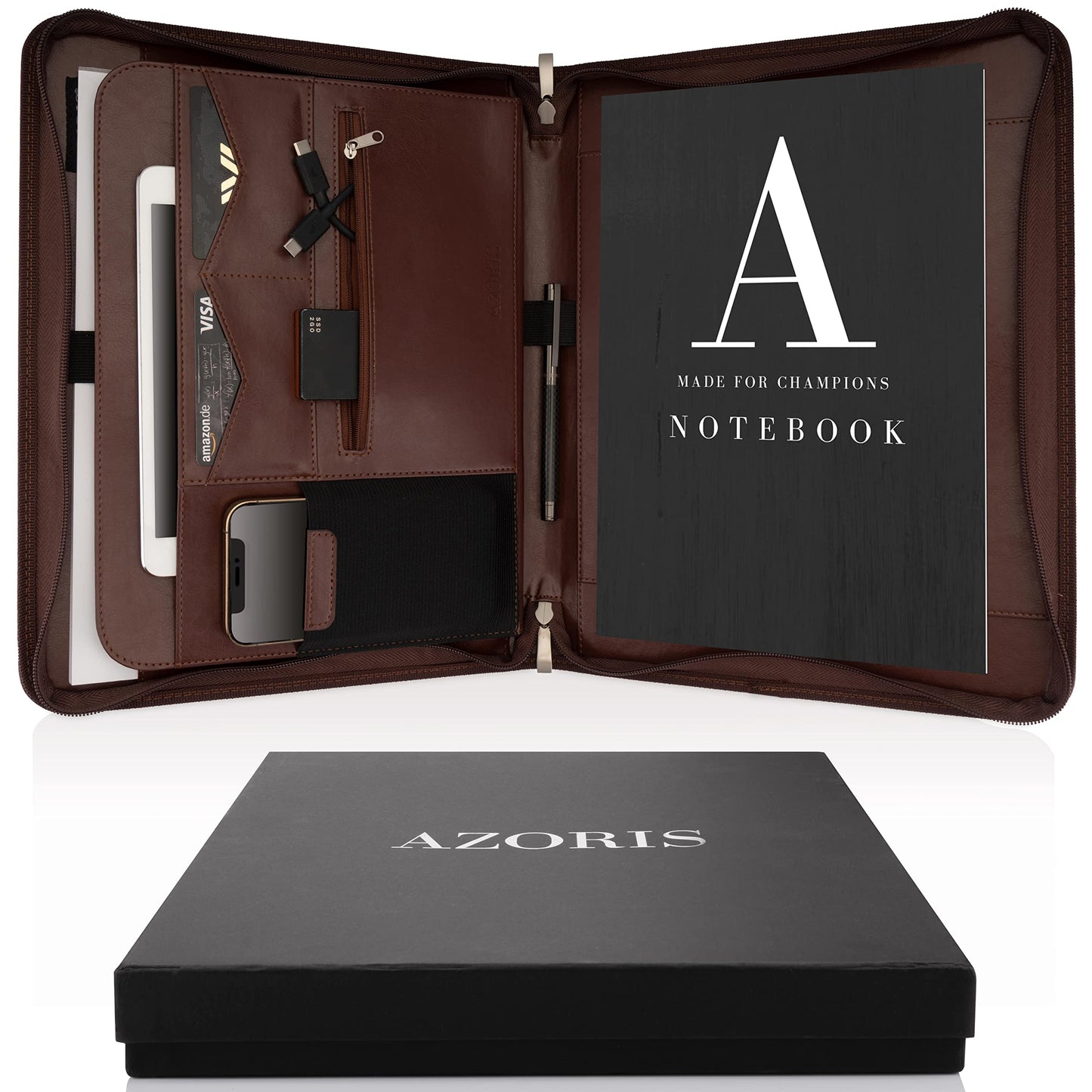 AZORIS PREMIUM® Porte Documents A4 Premium avec double fermeture Éclair et compartiment de 11 pouces pour tablette, Dossier de Conférence IPad professionnelle en cuir PU pour hommes et femmes