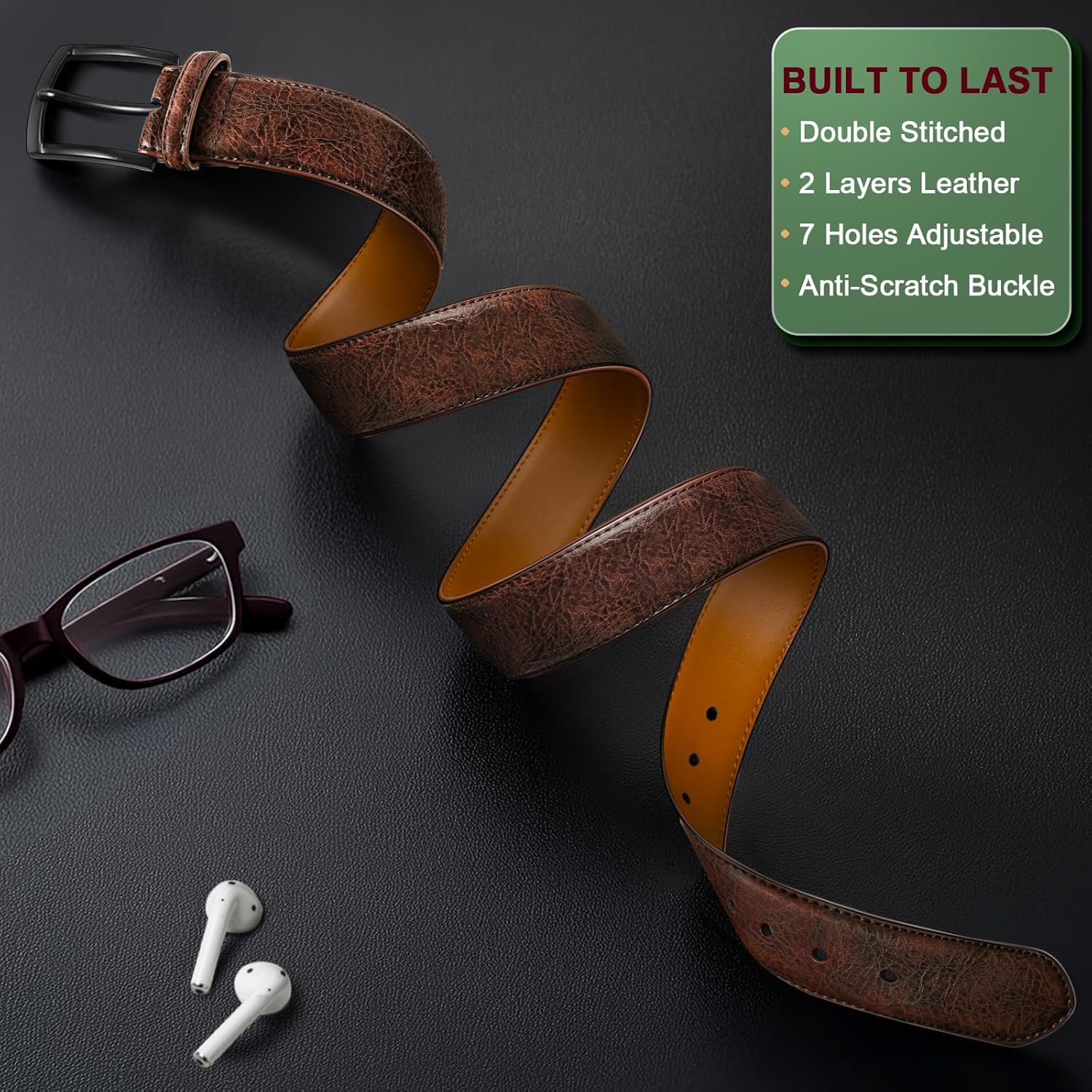 BULLIANT Ceinture Hommes 2 Pack Ceinture Cuir avec 7 Trous,Confortable pour Costumes,Habillés et Jeans,Largeur de 35mm