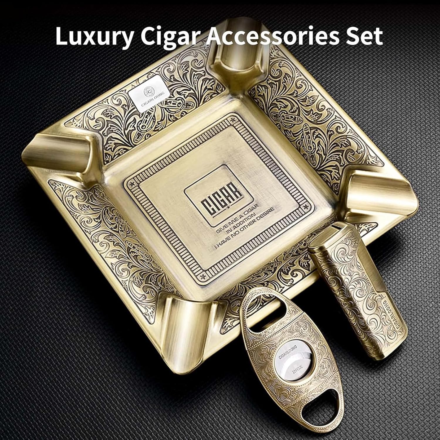 CIGARLOONG coupe-cigares 3 pièces, cendrier sculpté à 4 fentes et briquet rechargeable coupe-vent avec boîte-cadeau, Argent
