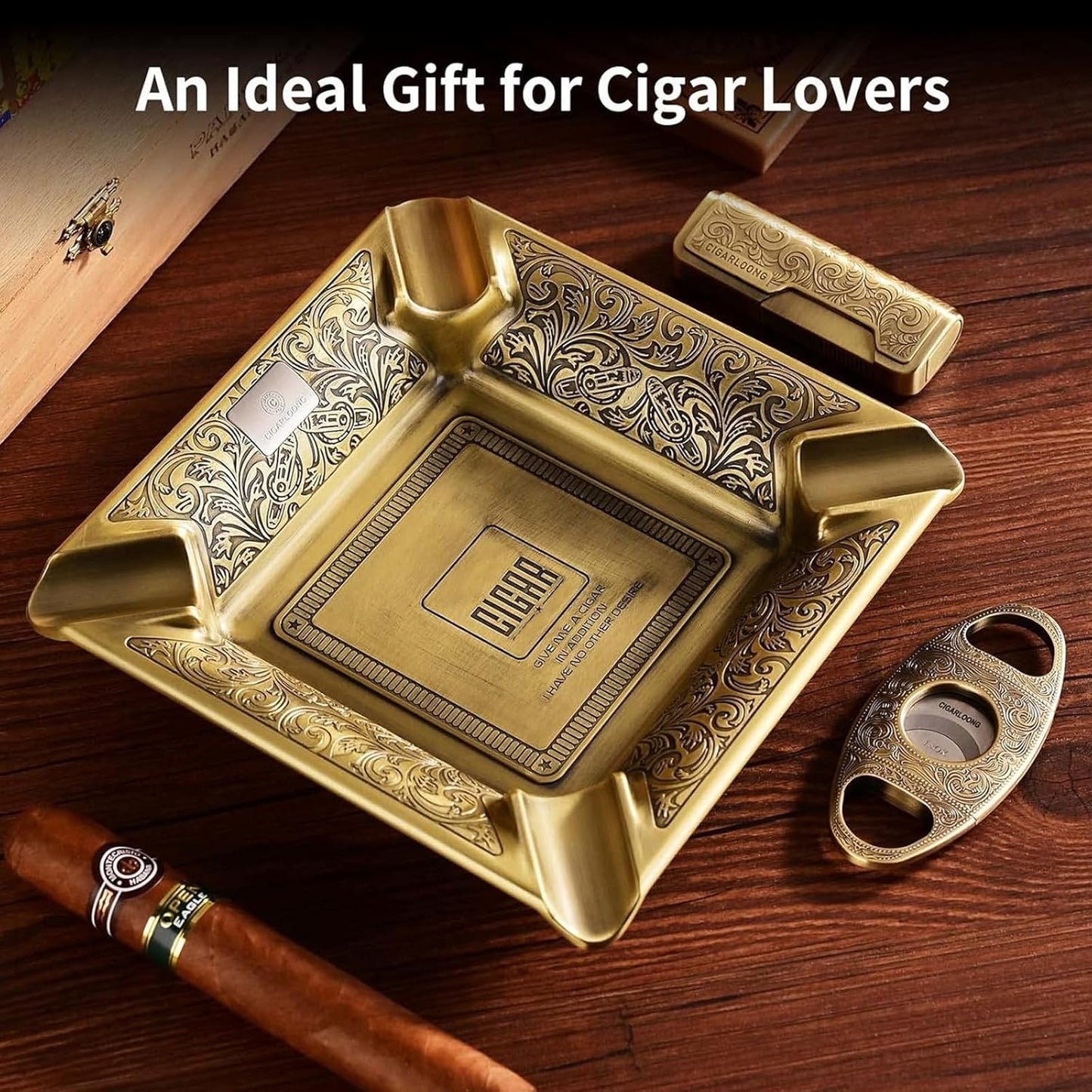 CIGARLOONG coupe-cigares 3 pièces, cendrier sculpté à 4 fentes et briquet rechargeable coupe-vent avec boîte-cadeau, Argent