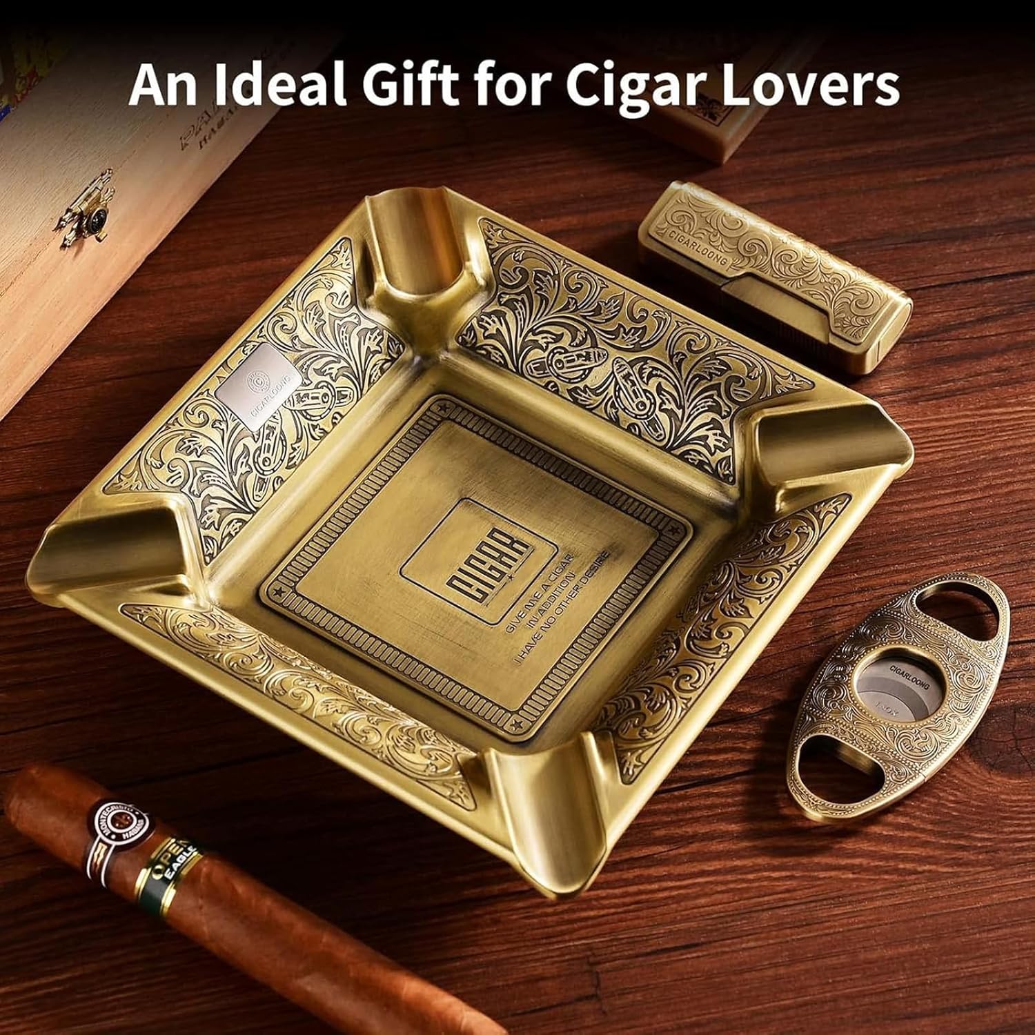 CIGARLOONG coupe-cigares 3 pièces, cendrier sculpté à 4 fentes et briquet rechargeable coupe-vent avec boîte-cadeau, Argent