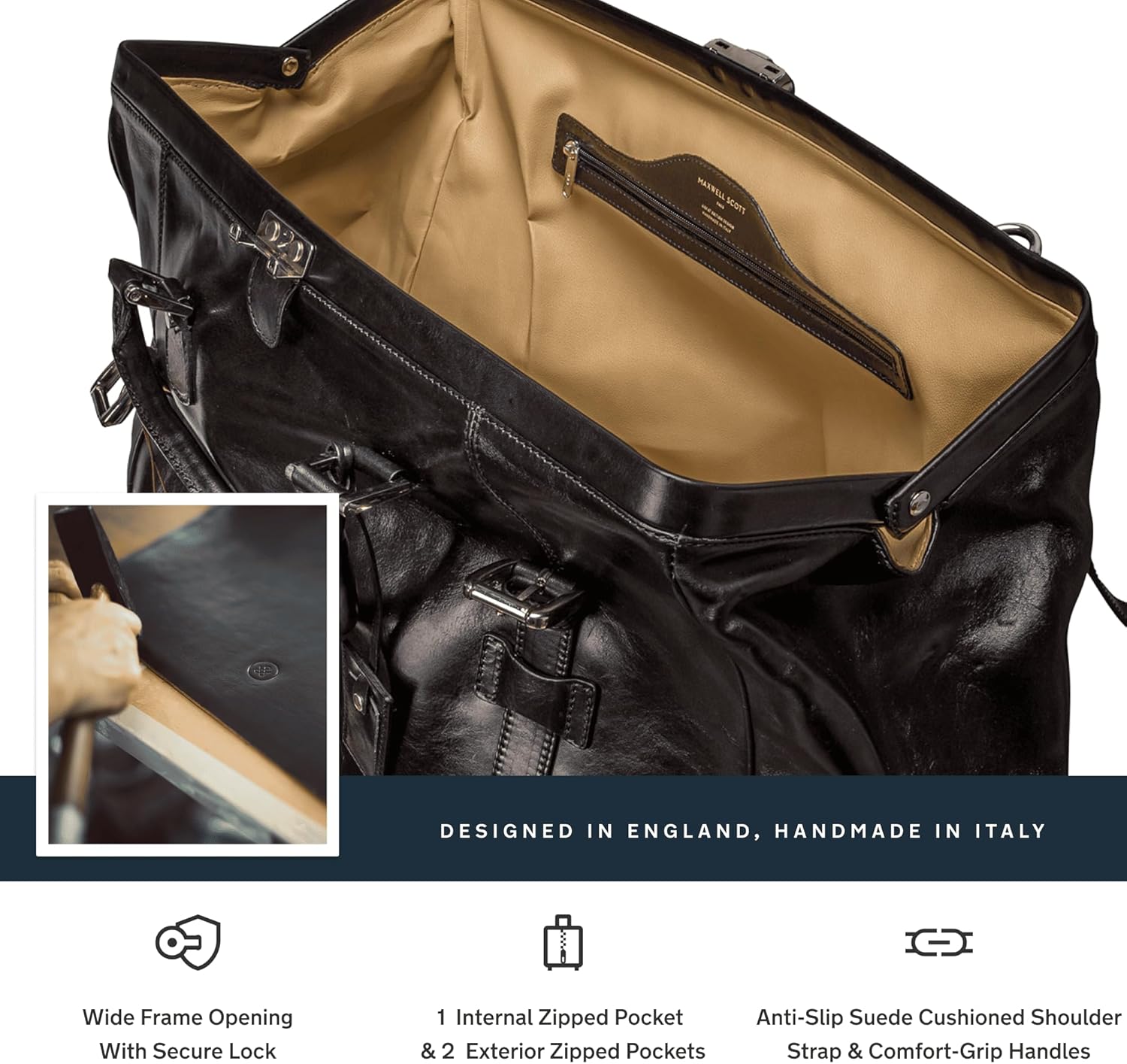 Maxwell Scott Grand Sac de Voyage Personnalisable Forme Semi-Rigide Gladstone en Cuir Italien - GassanoL Noir