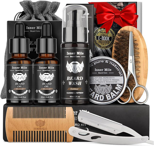 Kit Barbe pour Hommes, Coffrets de Soins pour Cheveux avec Huile à Barbe, Ciseaux pour Moustache et Barbe, Brosse Barbe, Shampooing Barbe, Peigne, Cadeau pour Homme, Coffret Cadeau Homme pour Papa