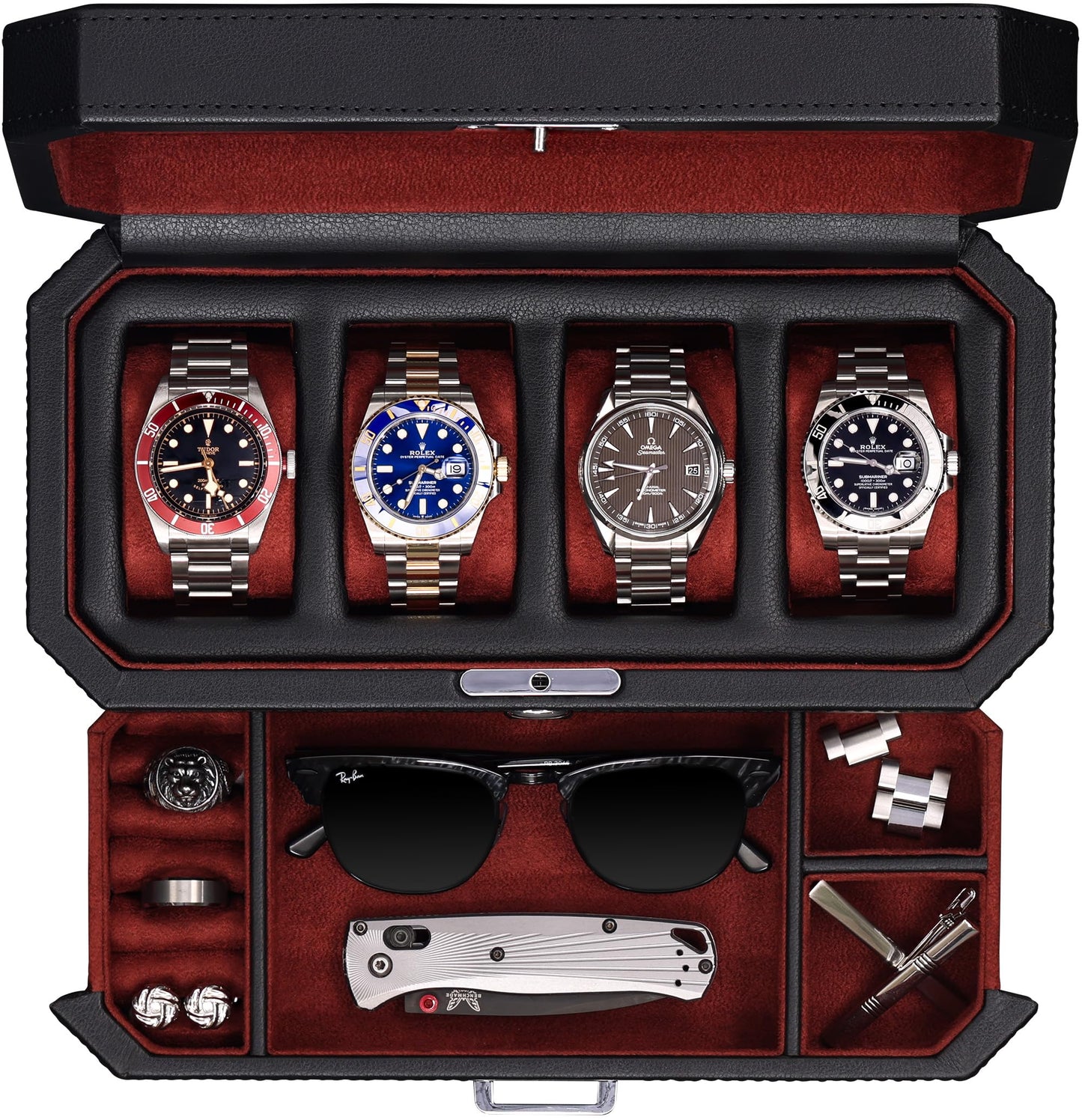 ROTHWELL Boîte à montres de luxe pour 4 montres - Ecrins pour montres en cuir synthétique avec couvercle en verre véritable - Tiroir coulissant pour accessoires avec plusieurs configurations (carbone)