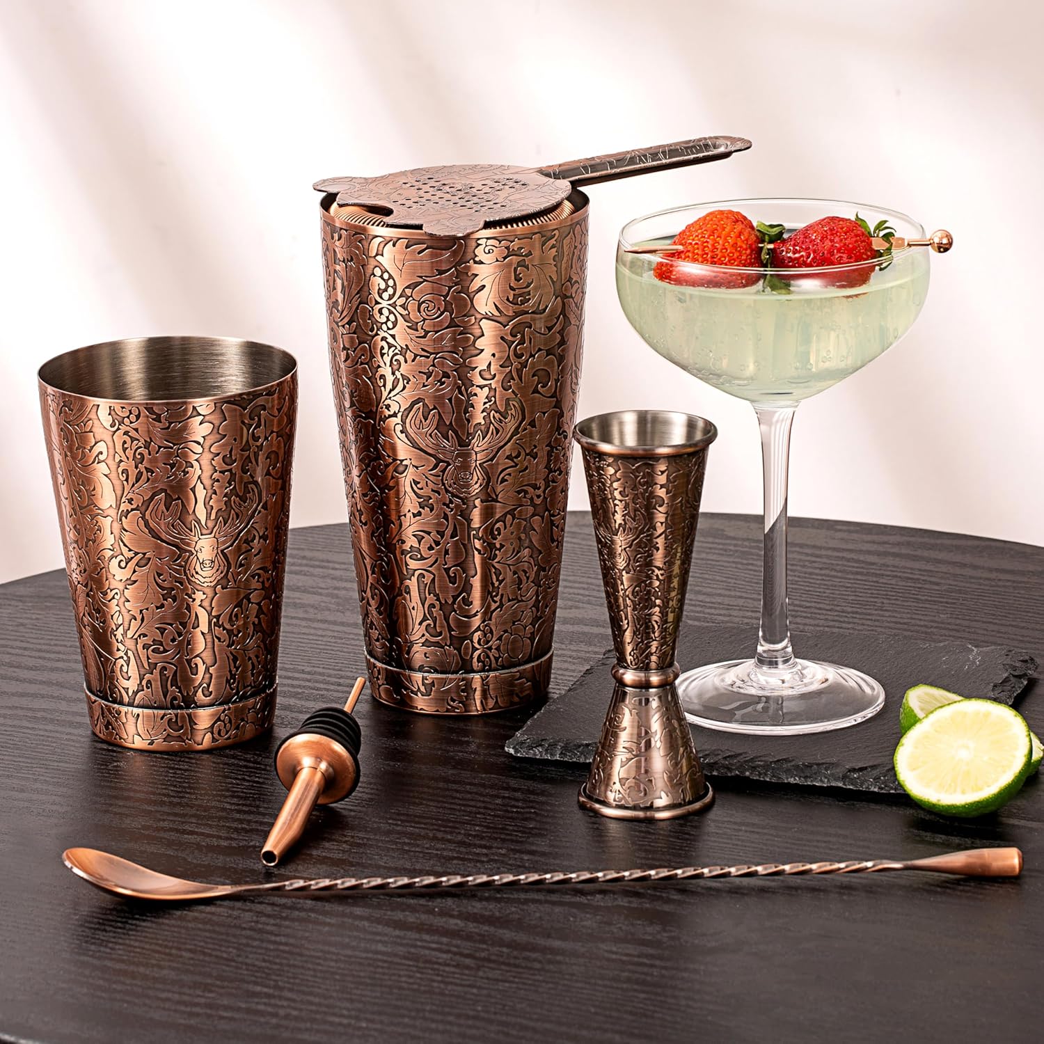 Sky Fish® Shaker à Cocktail Boston, Kit Cocktail Professionnel, Ensemble de 18 Pièces pour Barman avec Motifs de Gravure 3D, Entretien Facile à la Main, Cuivre Antique
