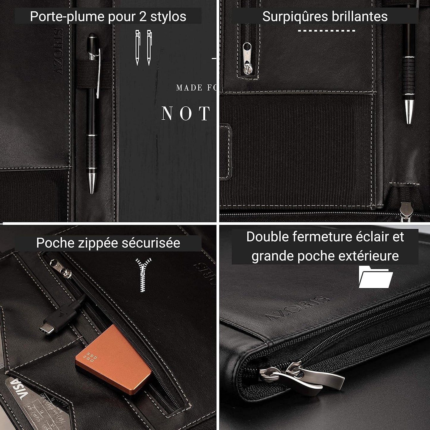 AZORIS PREMIUM® Porte Documents A4 Premium avec double fermeture Éclair et compartiment de 11 pouces pour tablette, Dossier de Conférence IPad professionnelle en cuir PU pour hommes et femmes