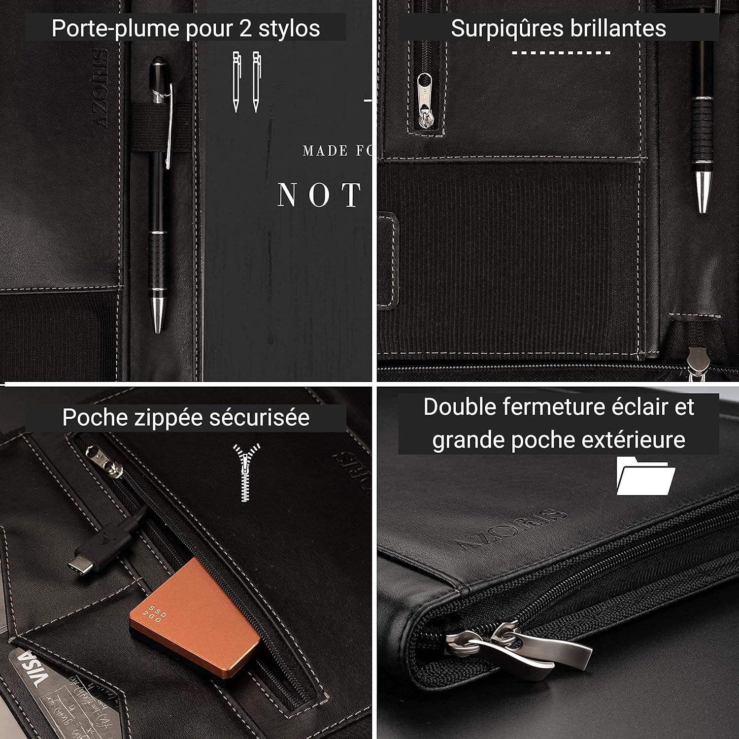 AZORIS PREMIUM® Porte Documents A4 Premium avec double fermeture Éclair et compartiment de 11 pouces pour tablette, Dossier de Conférence IPad professionnelle en cuir PU pour hommes et femmes