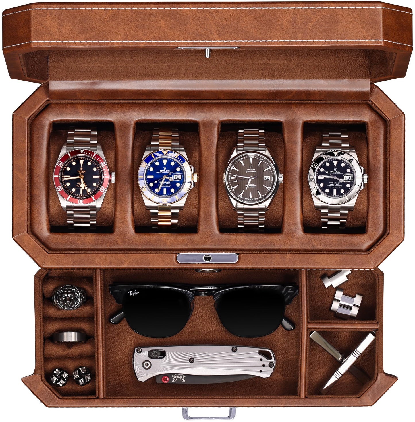 ROTHWELL Boîte à montres de luxe pour 4 montres - Ecrins pour montres en cuir synthétique avec couvercle en verre véritable - Tiroir coulissant pour accessoires avec plusieurs configurations (carbone)