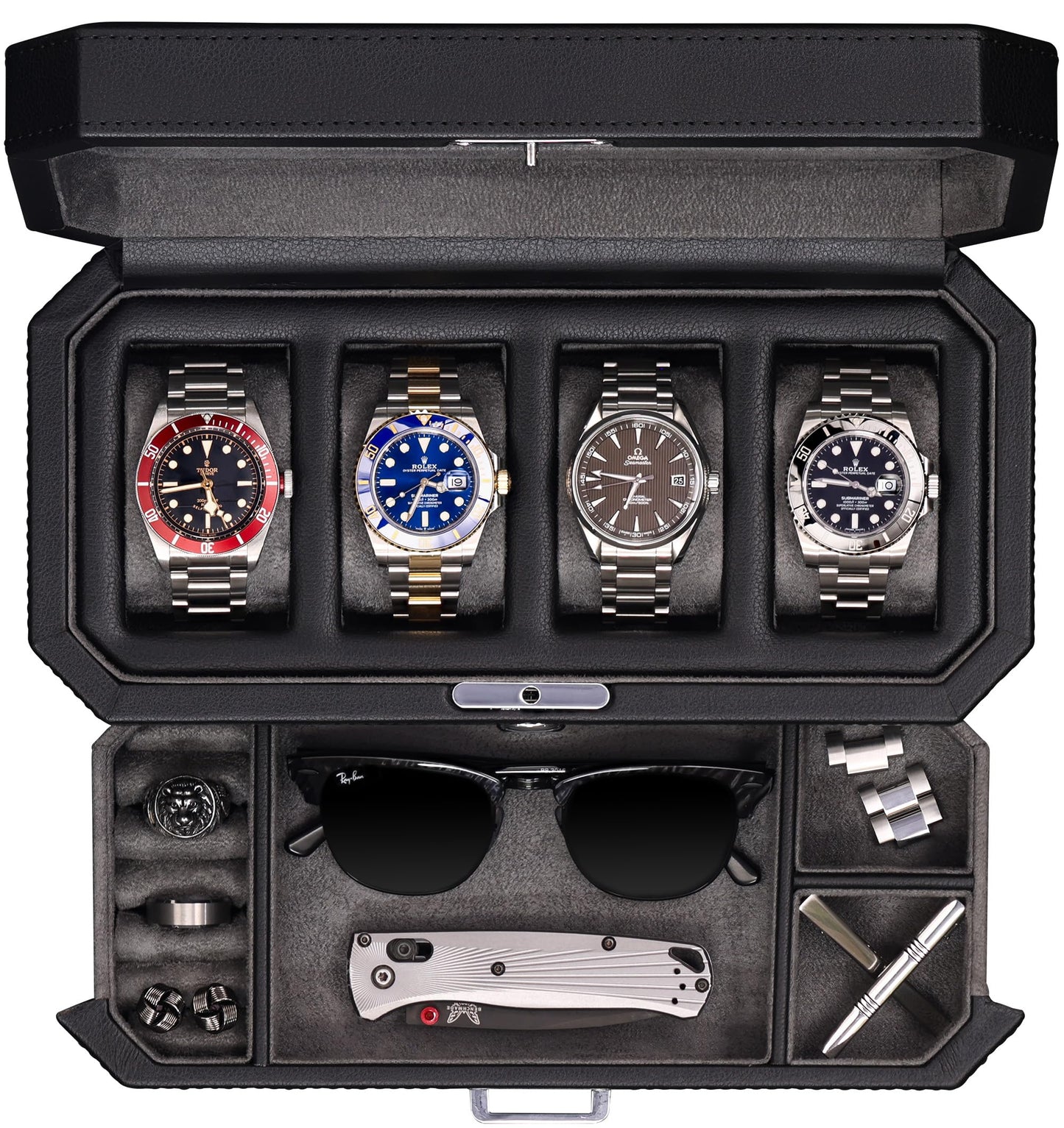 ROTHWELL Boîte à montres de luxe pour 4 montres - Ecrins pour montres en cuir synthétique avec couvercle en verre véritable - Tiroir coulissant pour accessoires avec plusieurs configurations (carbone)
