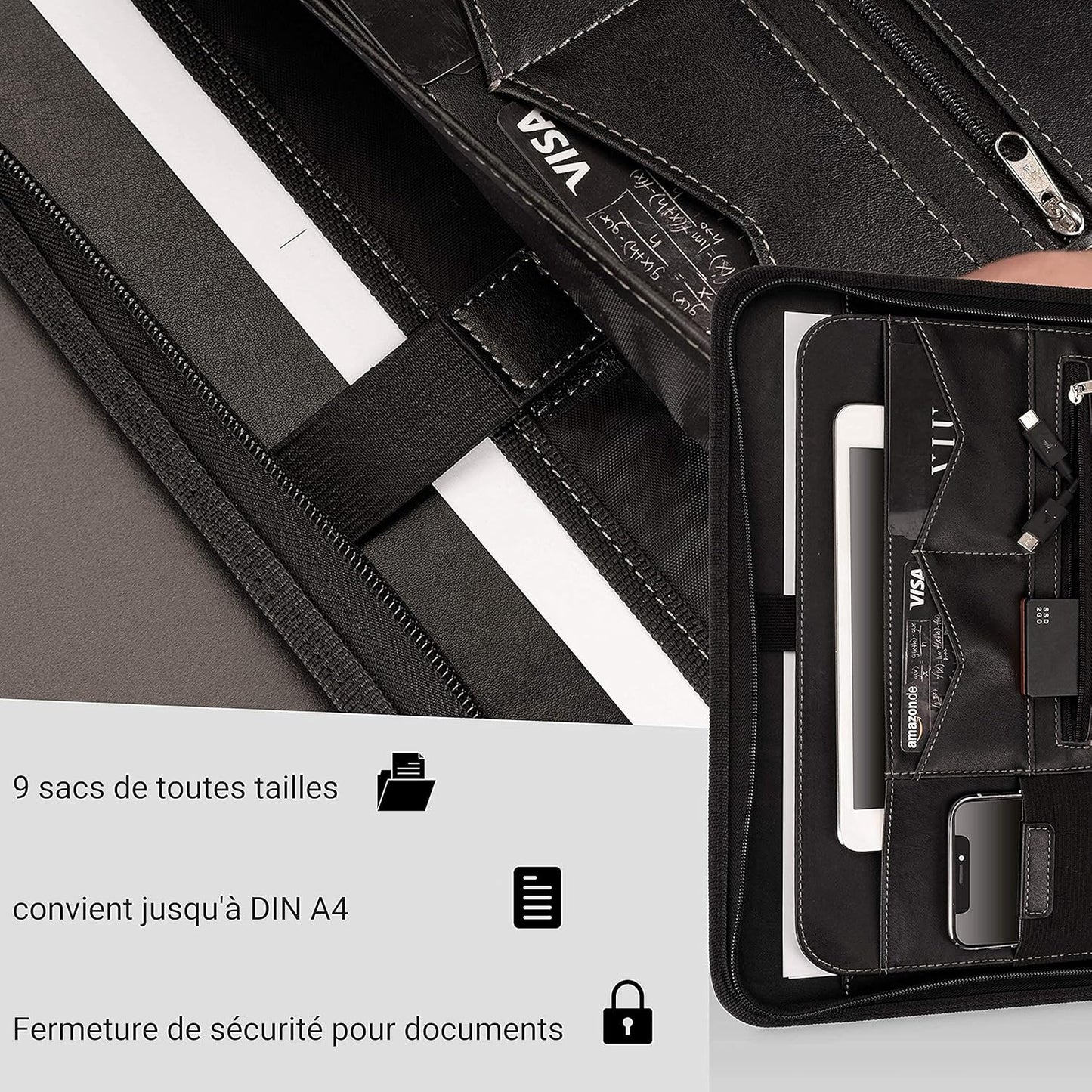 AZORIS PREMIUM® Porte Documents A4 Premium avec double fermeture Éclair et compartiment de 11 pouces pour tablette, Dossier de Conférence IPad professionnelle en cuir PU pour hommes et femmes