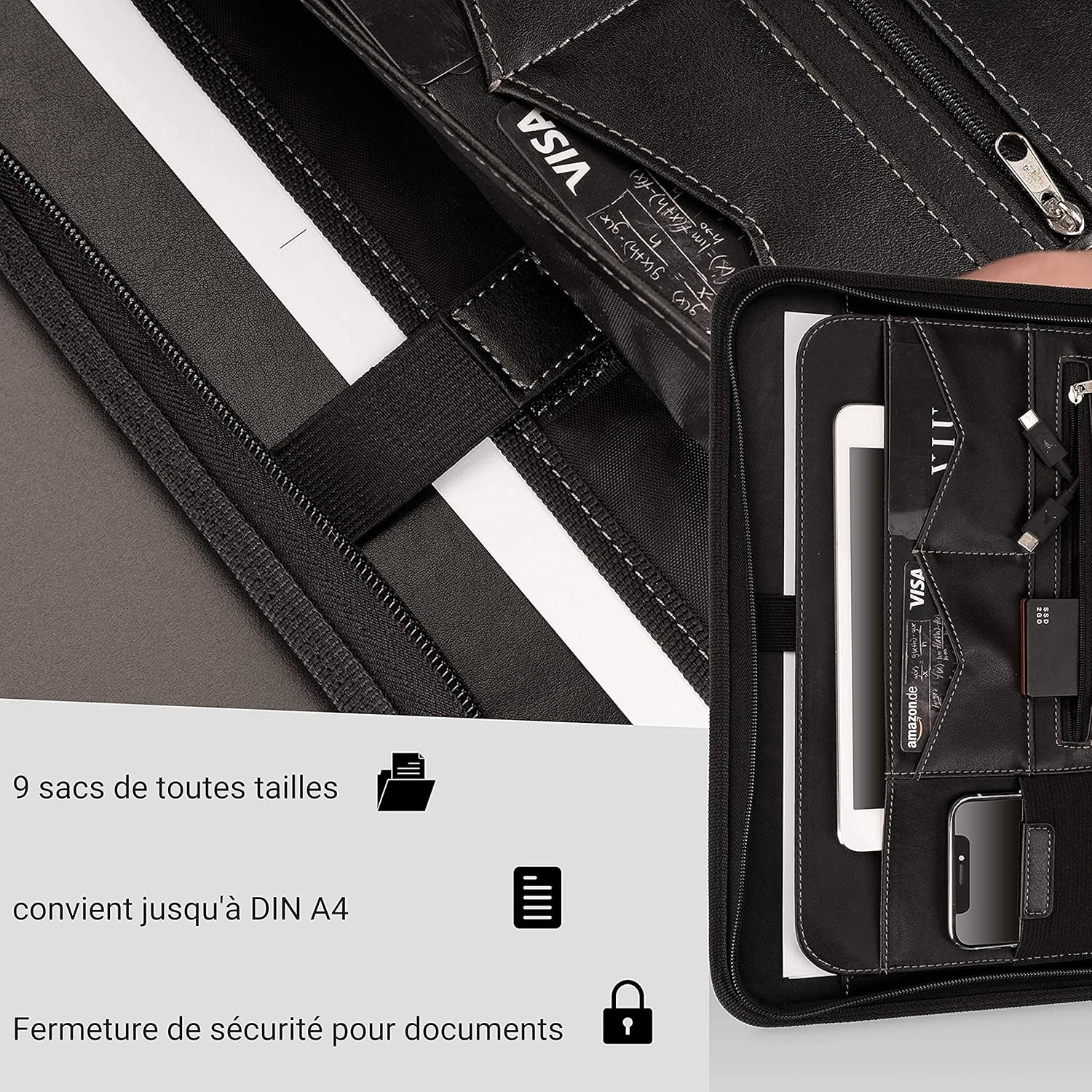 AZORIS PREMIUM® Porte Documents A4 Premium avec double fermeture Éclair et compartiment de 11 pouces pour tablette, Dossier de Conférence IPad professionnelle en cuir PU pour hommes et femmes
