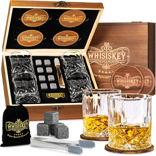 WHISISKEY Set de Verre a Whisky - Coffret Whisky Cadeau Homme - Verre à Whisky & Rhum - 4 Verres à Whisky x 310ML, 8 Pierre a Whisky, 4 sous-Verres, Whiskey Accessories