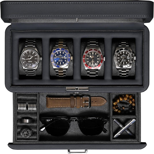 ROTHWELL Boîte à montres de luxe pour 4 montres - Ecrins pour montres en cuir synthétique avec couvercle en verre véritable - Tiroir coulissant pour accessoires avec plusieurs configurations (carbone)