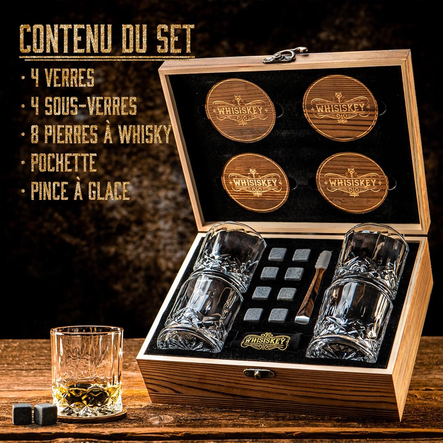 WHISISKEY Set de Verre a Whisky - Coffret Whisky Cadeau Homme - Verre à Whisky & Rhum - 4 Verres à Whisky x 310ML, 8 Pierre a Whisky, 4 sous-Verres, Whiskey Accessories