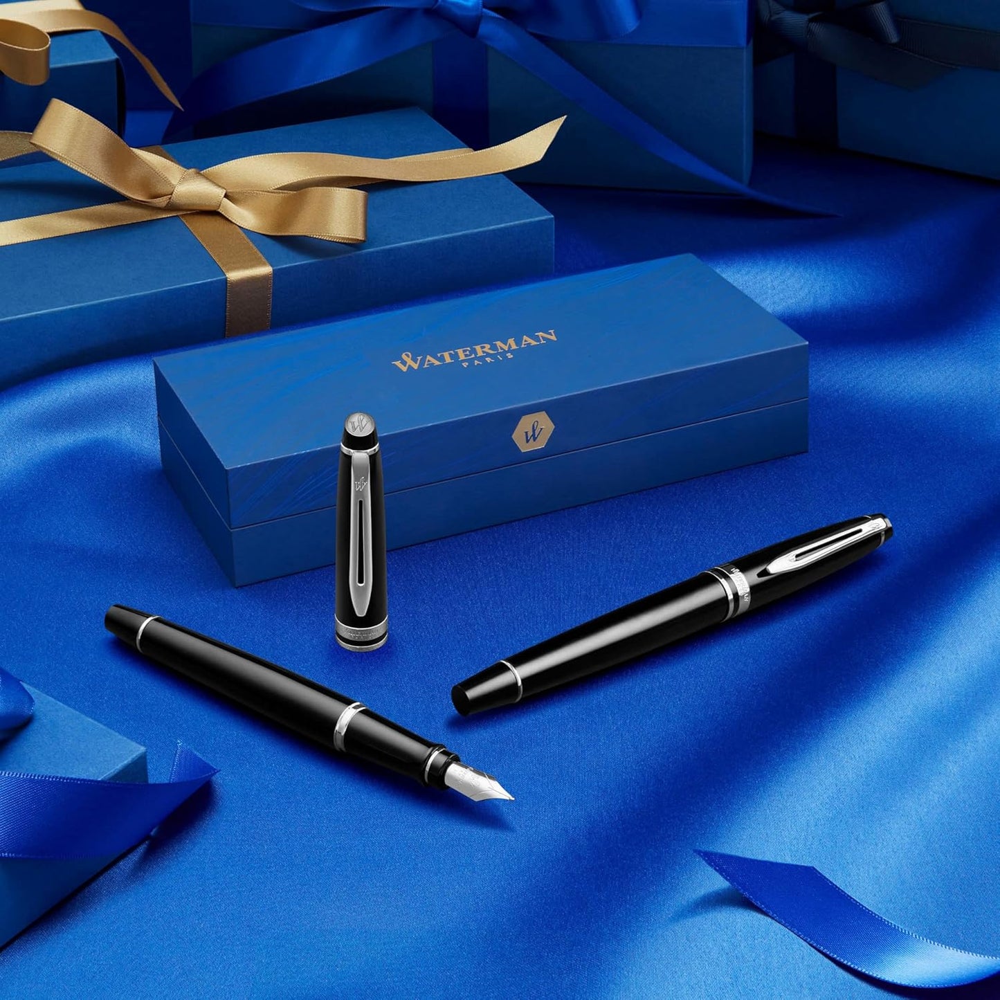 WATERMAN Expert Stylo Plume | Noir Brillant avec attributs dorés à l'or Fin 23 k | Plume Fine | Coffret Cadeau