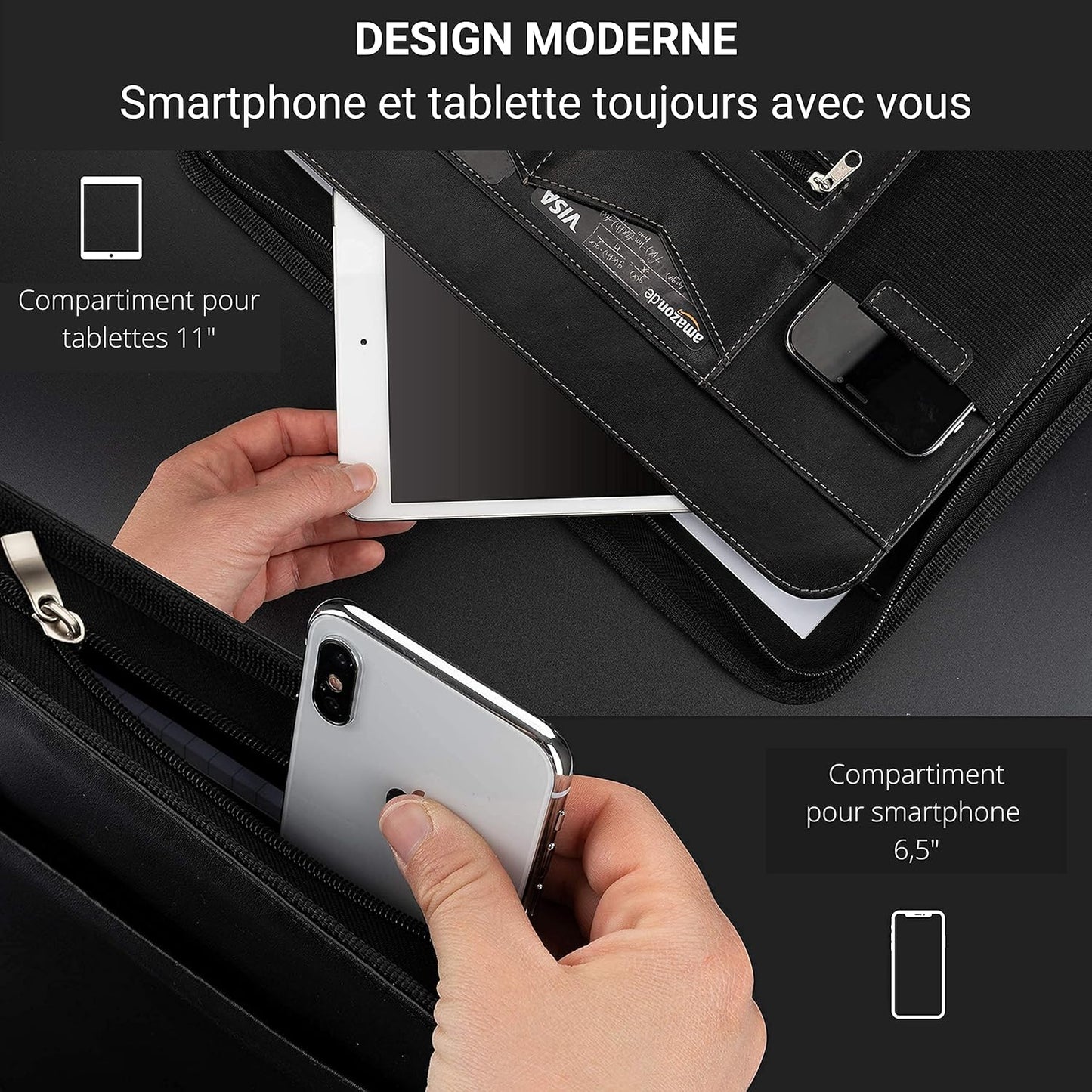 AZORIS PREMIUM® Porte Documents A4 Premium avec double fermeture Éclair et compartiment de 11 pouces pour tablette, Dossier de Conférence IPad professionnelle en cuir PU pour hommes et femmes